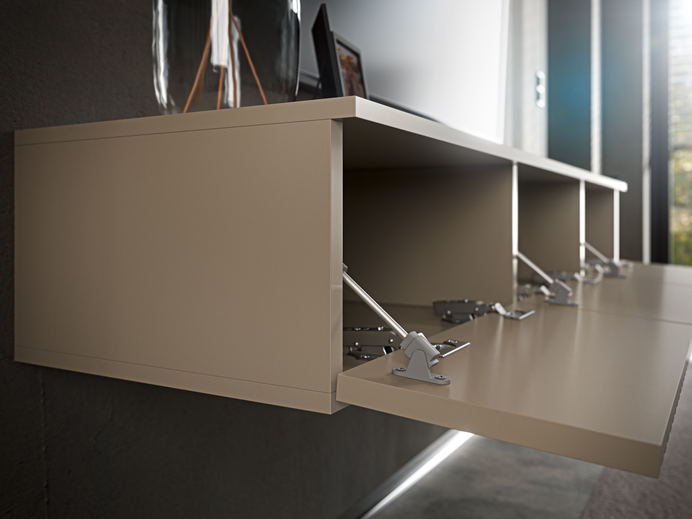 HBZ Table basse »Lowboard Lanai, hängend, mit moderner Rillenoptik« 1 cuis tlg. Largeur 180cm, revêtement mélaminé, ouverture par pression