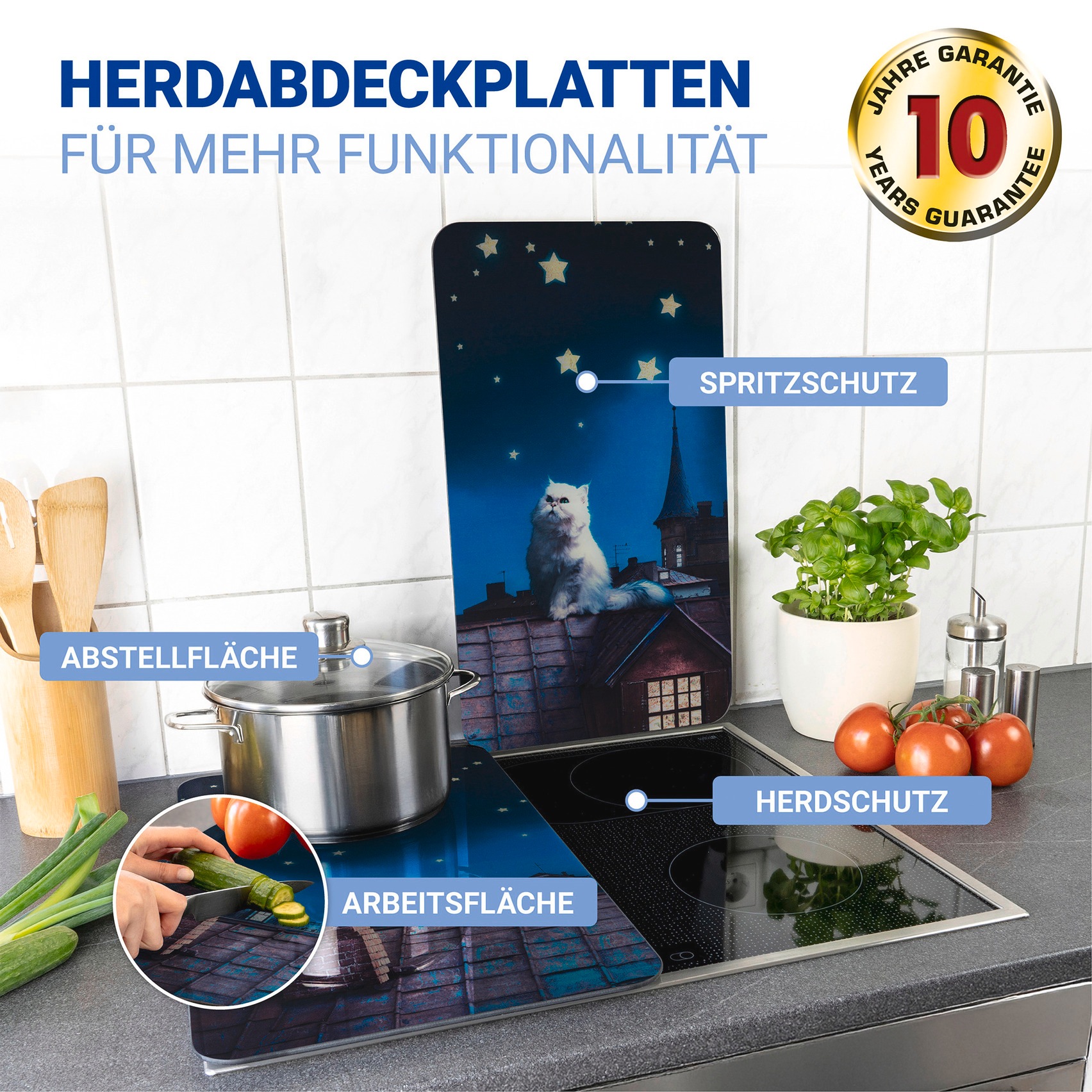 WENKO Plaque de recouvrement de la cuisinière »Universal Modell Moon Cat« Herdabdeckung für alle Herdarten, kratzfest, mit rutschfesten Füssen