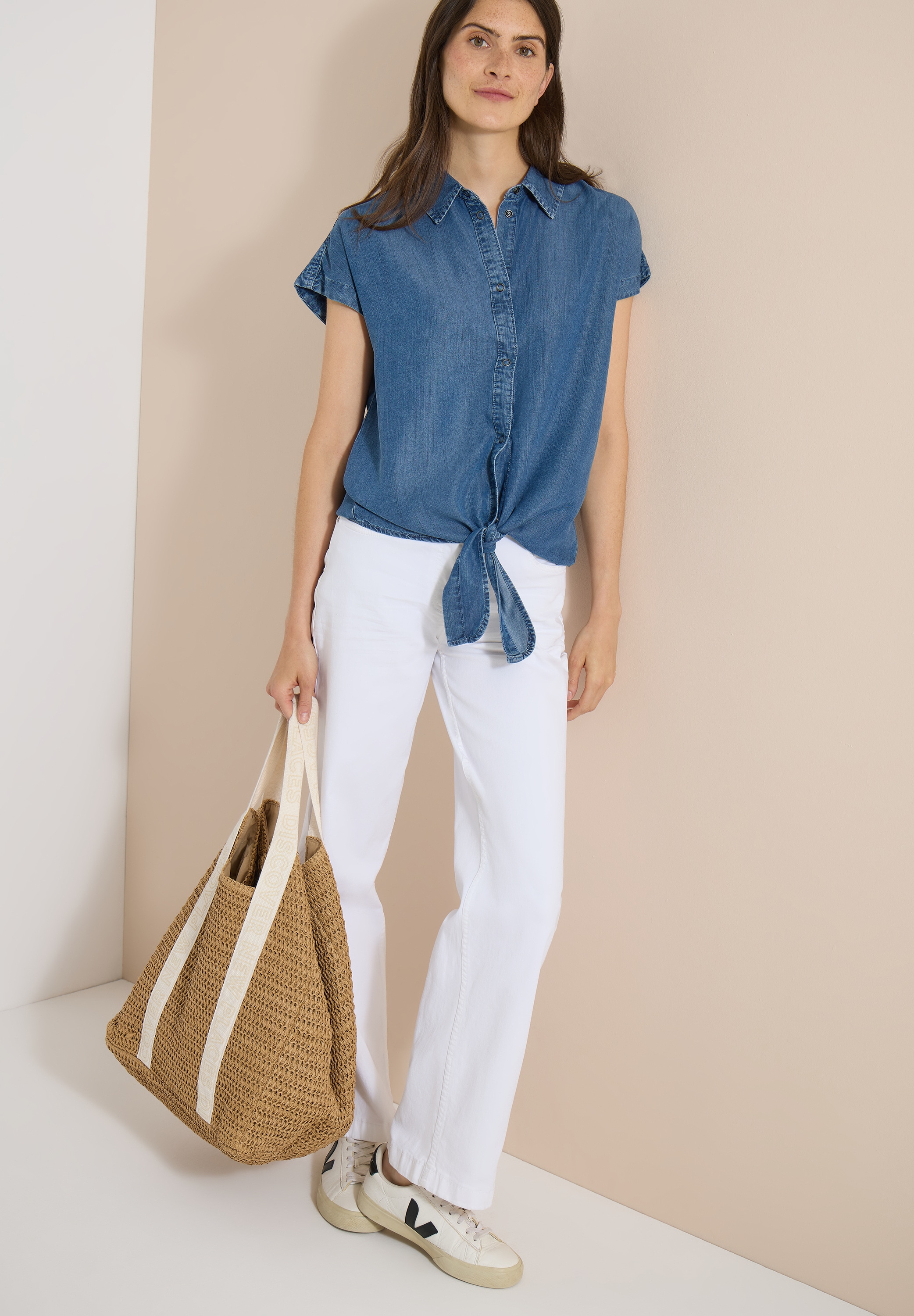 Cecil Blouse chemise blouse d'été aspect denim / détail noué à l'ourlet