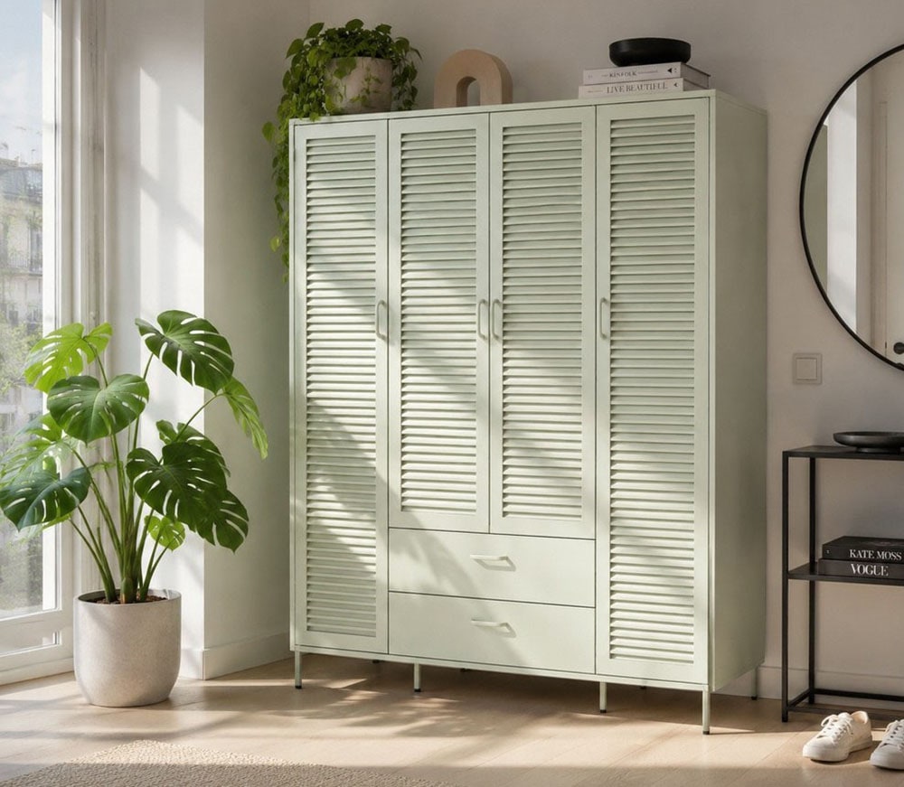 GOODproduct Kleiderschrank »GERRON Kleiderschrank Metallschrank Spind« Schlafzimmerschrank, 4 Türen & Schubladen, grün salbei, Breite 158cm
