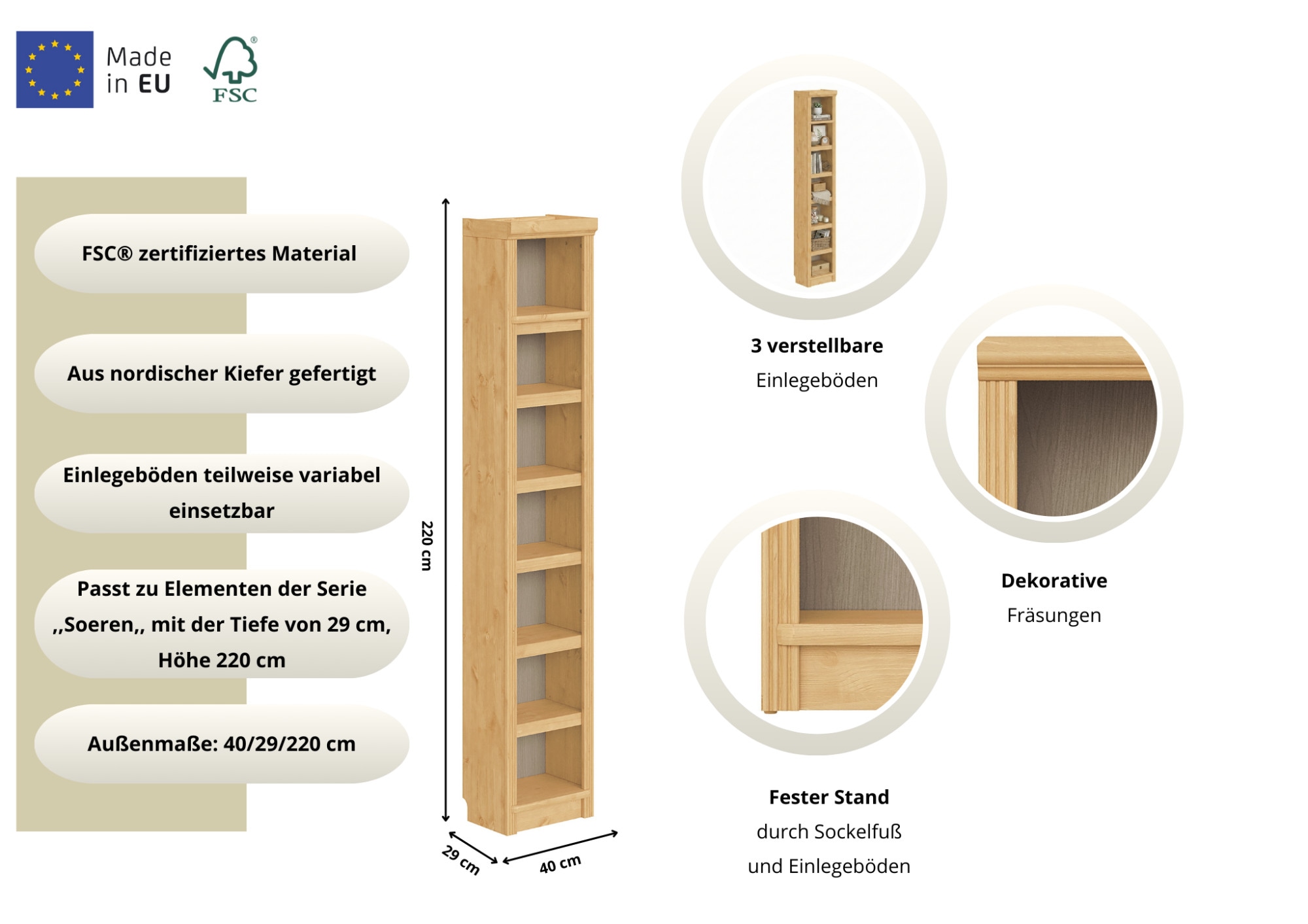 GOODproduct Bücherregal »Soeren Regal B/T/H: 40/29/220 cm« Kiefer FSC®-zertifiziert, 7 Fächer und 6 Einlegeböden