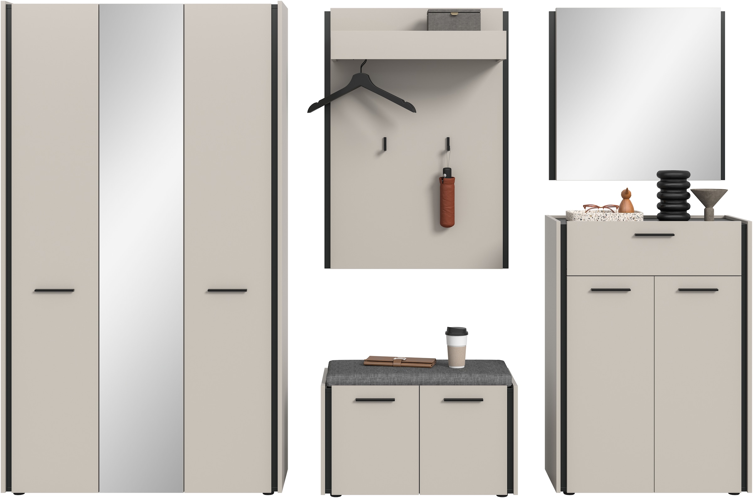 Home affaire Ensemble de vestiaires »RAK, 6-teilige Garderoben-Kombi inkl. Sitzkissen, Breite ca. 287 cm« Garderobenschrank, Sitzbank, Garderobenpaneel, Schuhkommode, Spiegel, 6 cuis tlg.