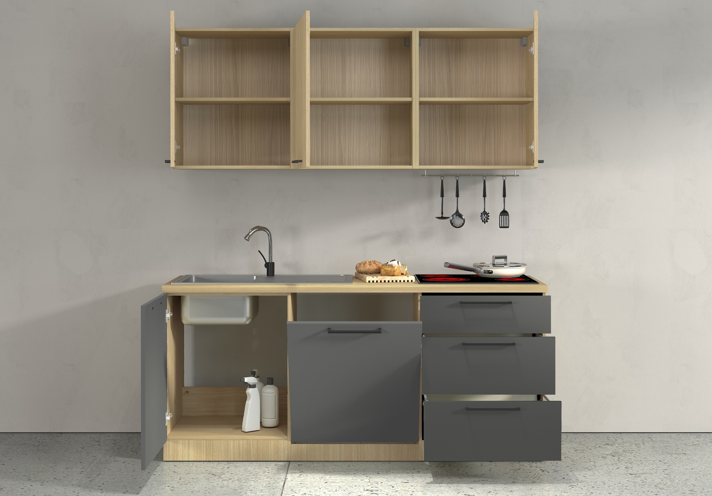 KOCHSTATION Kitchenette »Luna, Küchenzeile mit Spüle + Siphon, ohne E-Geräte« Breite 182 cm,Türen mit Soft-Close Funktion, Metalgriffe,Made in Italy