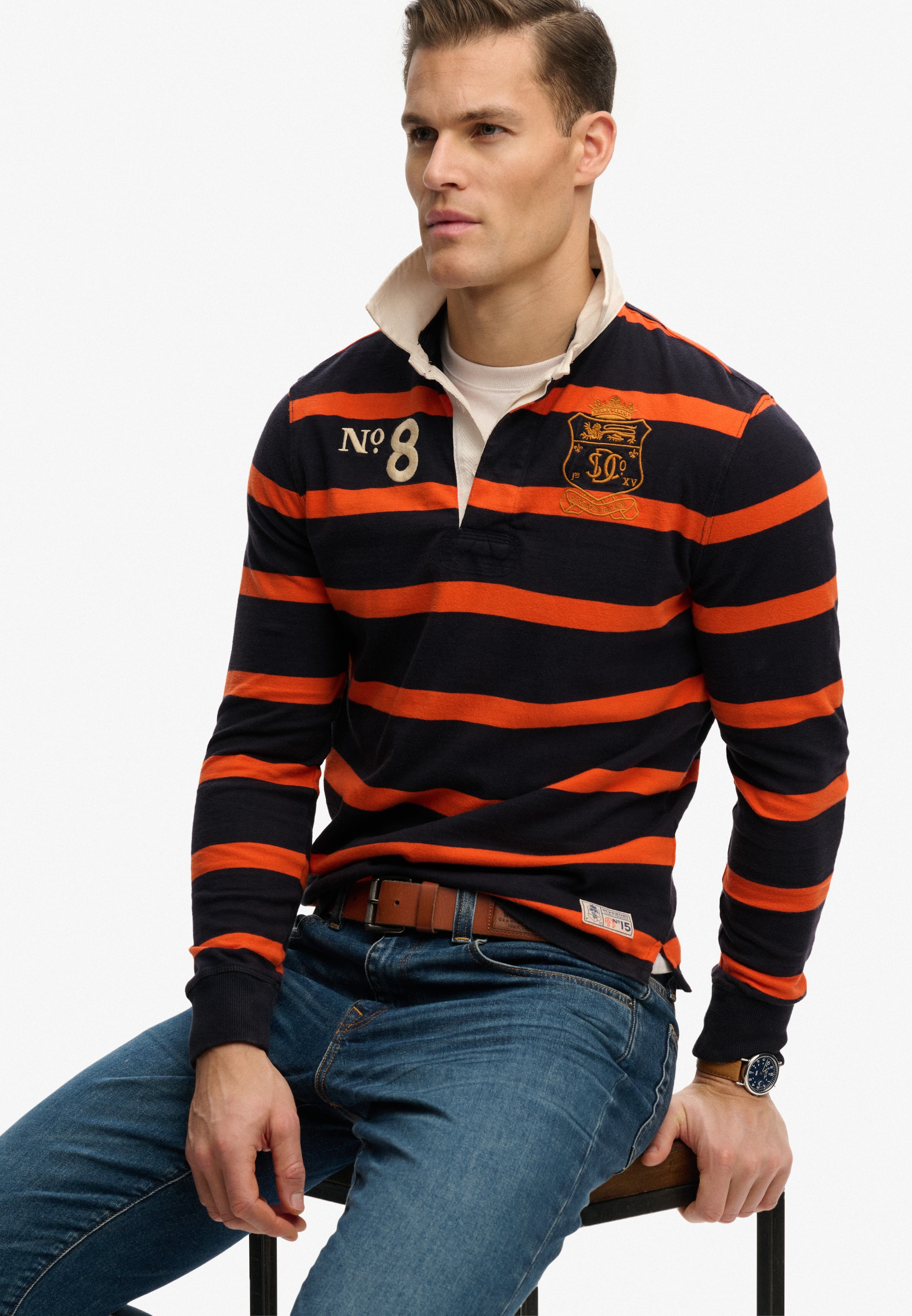 Superdry T-shirt à manches longues »DOUBLE EMBLEM STRIPE RUGBY« en coton et jersey simple, coupe décontractée, aspect rayé