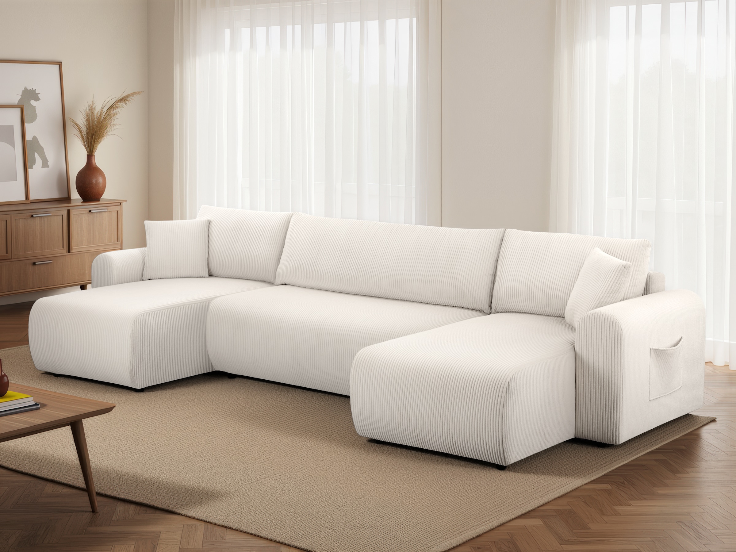 GOODproduct Wohnlandschaft »JONAA, 311 cm, U-Form, Schlafsofa, Boxspringfederung, Cord u. Struktur« 133/270cm, Bettkasten, Seitentaschen, Cord und Struktur