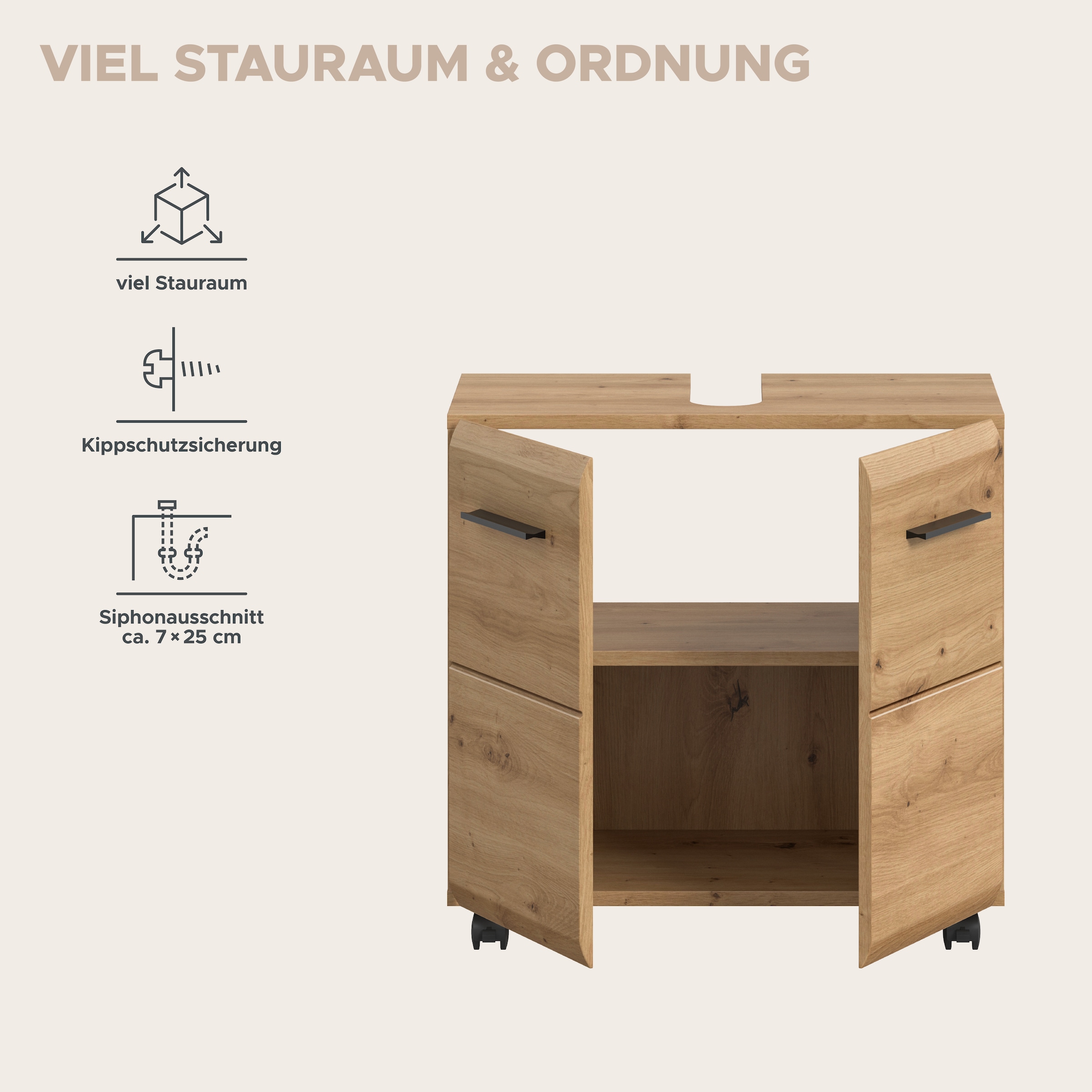 welltime Waschbeckenunterschrank »FLORENZ,  Breite 60cm, inkl. Siphonausschnitt, mit Türen oder Schüben« TOPSELLER!,  hochwertige MDF Front, Griff schwarz, Badschrank, Bad