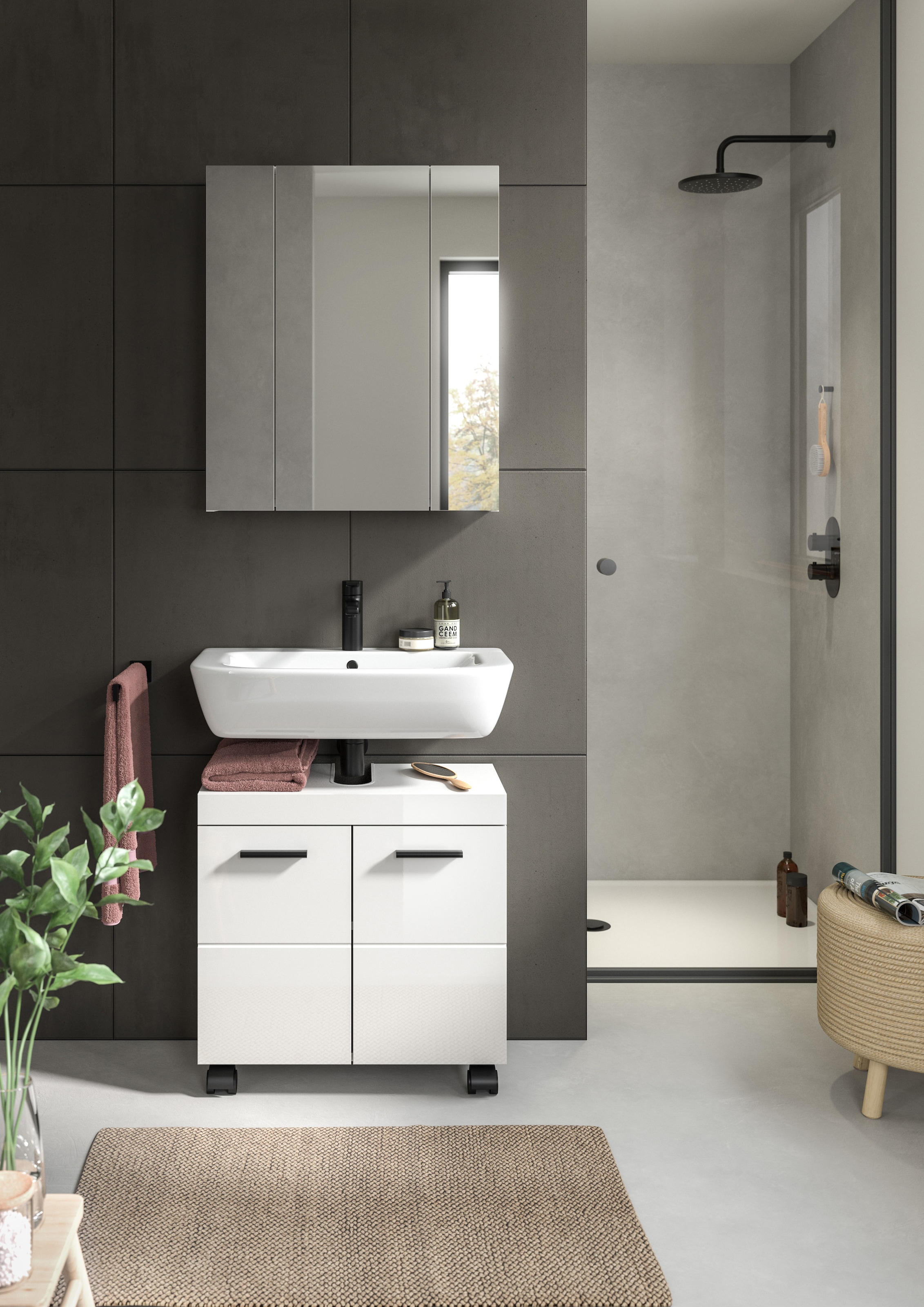 welltime Ensemble de meubles de salle de bain »AVON, Breite 60 cm, 2-teilige moderne Badkombination, auf Rollen« bestehend aus: Waschbeckenunterschrank & Spiegelschrank, 2 cuis tlg.