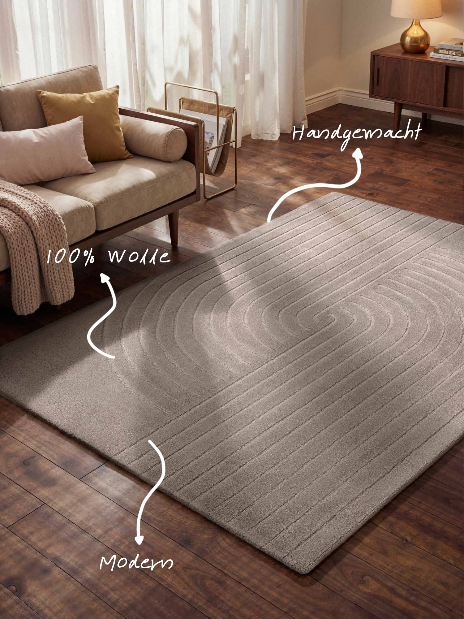 vikosa Tapis en laine »Arcura« Rectangulaire 15 mm Höhe Wolle Handgemacht, Hoch-Tief-Effekt, Geometrisches Linien Wellendesign