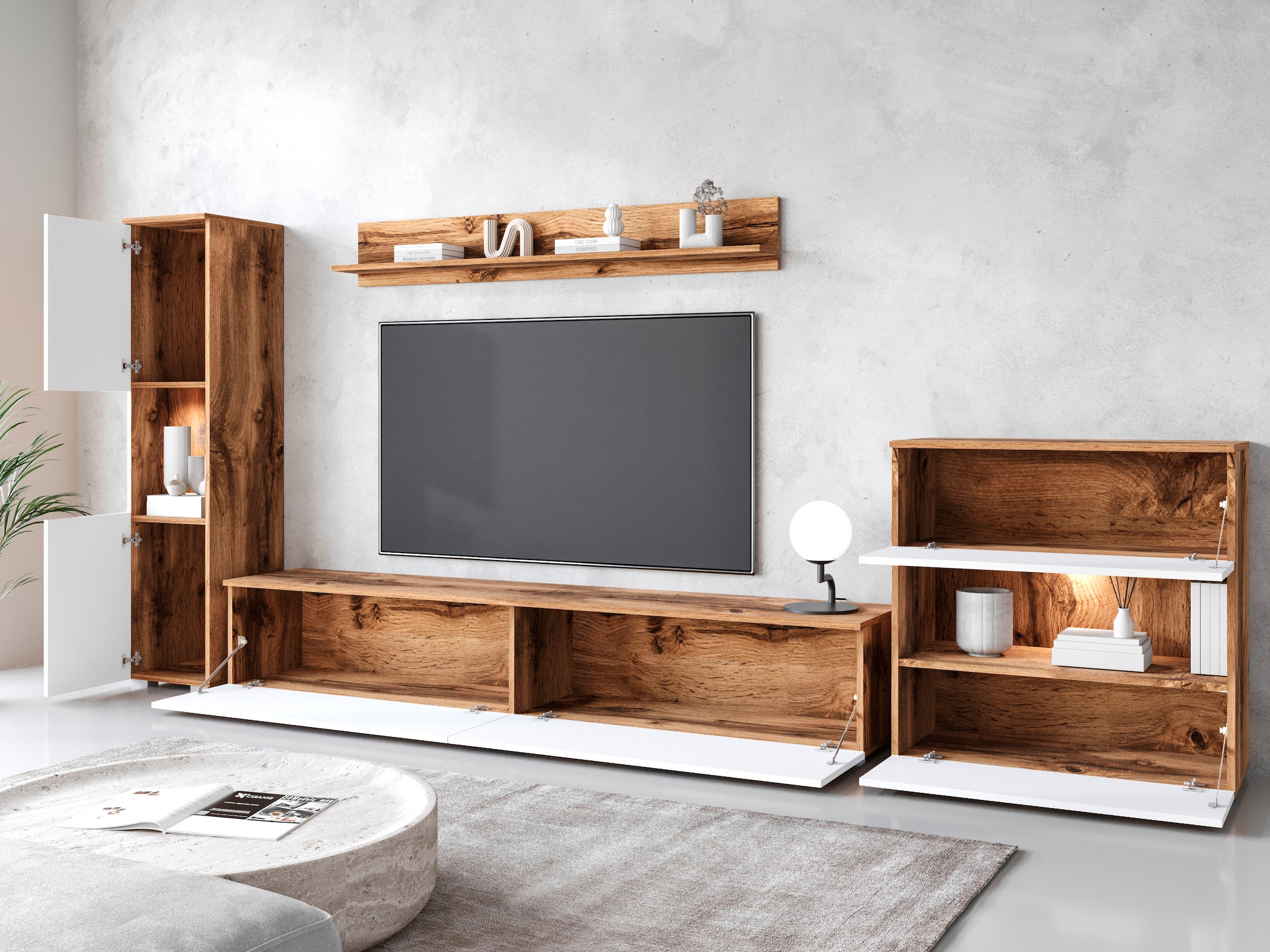 GOODproduct Wohnwand »PARIS, Vitrine Türanschlag links/rechts wechselbar« Komplett-Set, 4 Stk. tlg.