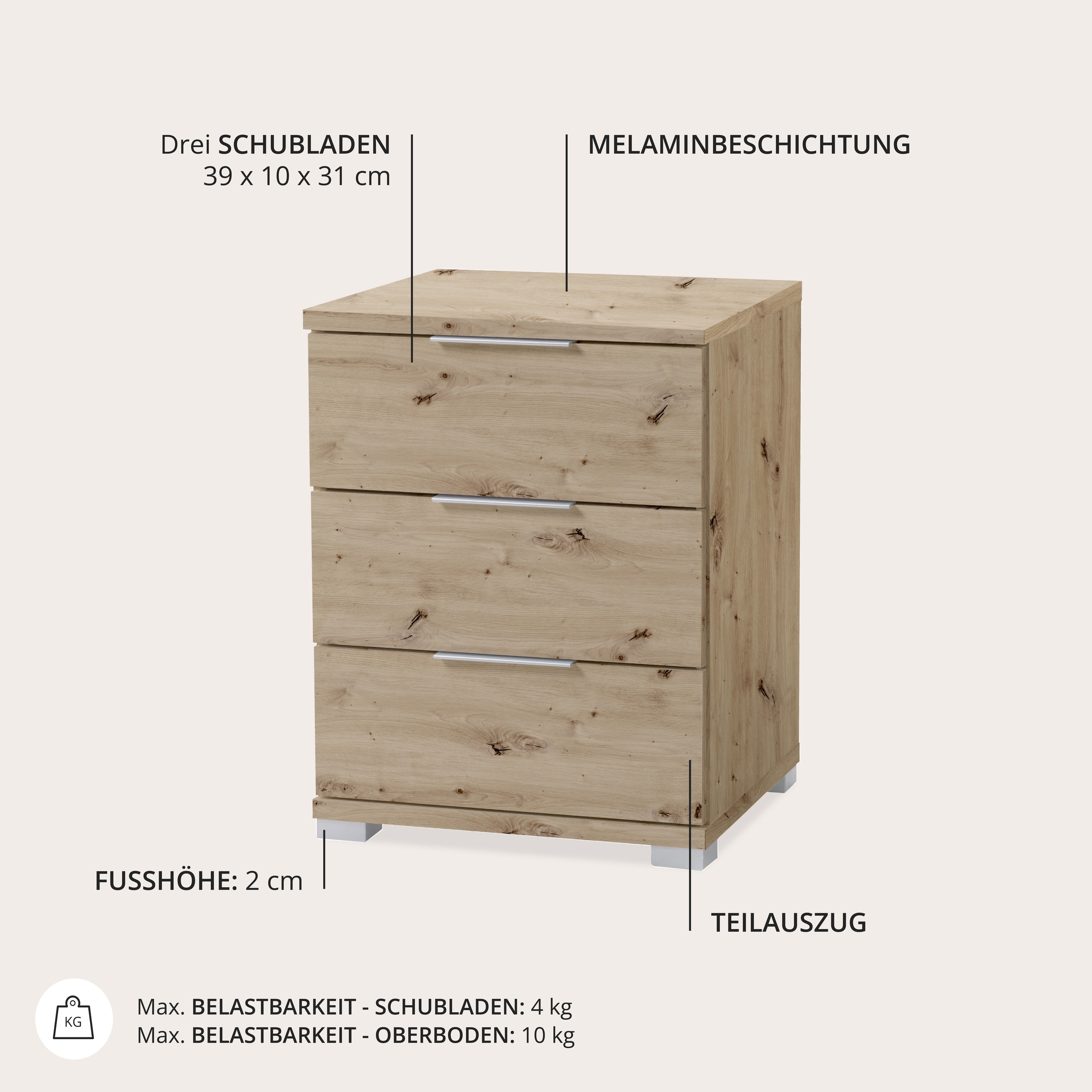 Schlafkontor Nachtkommode »Smilla Nachttisch, Nachtkonsole mit Schubkästen« Korpus melaminbeschichtet, silberfarbige oder schwarze Griffe