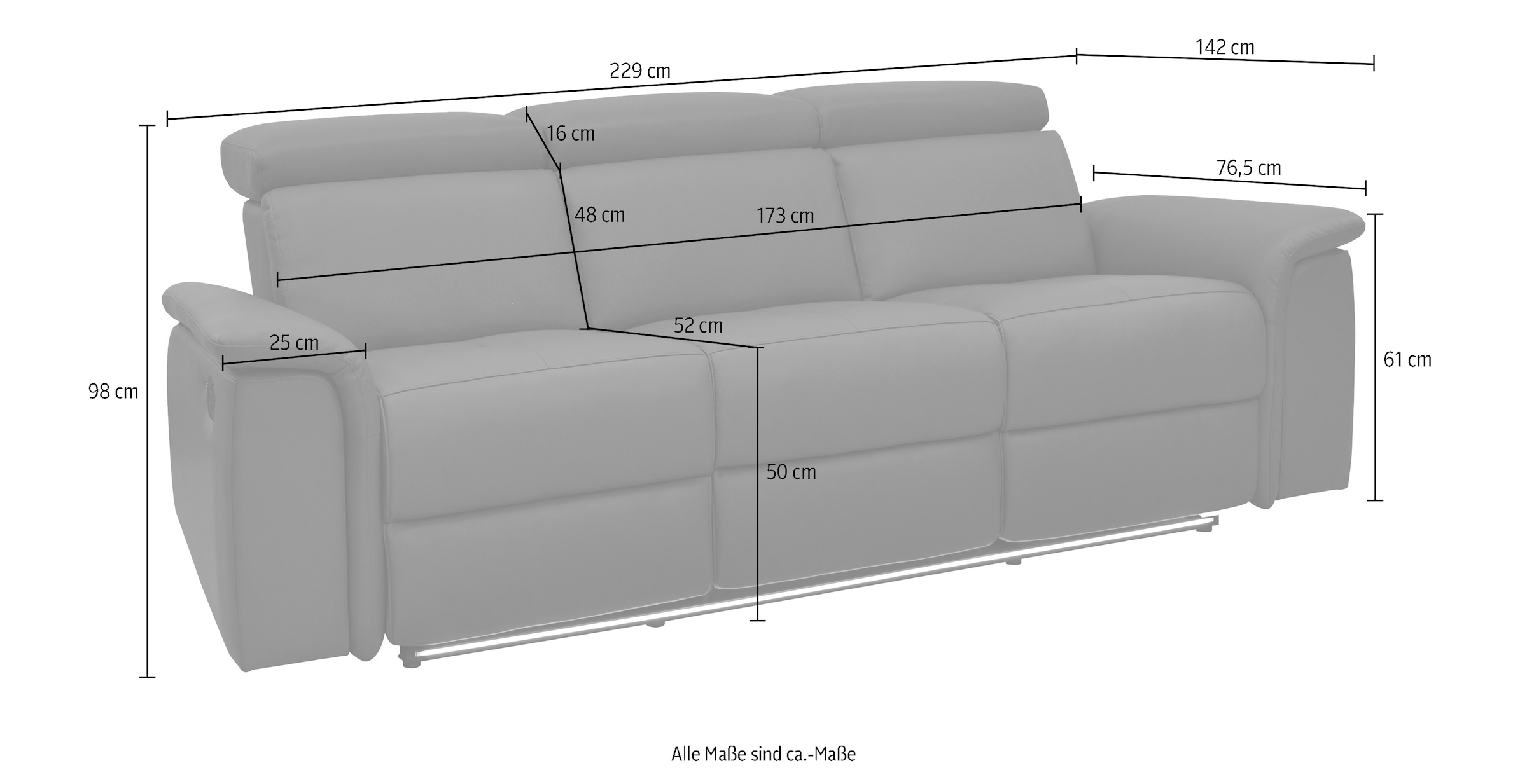 Home affaire 3-Sitzer »Pareli 229cm, manuelle u. elektr. Relaxfunktion in 2 Sitzen« USB, KT-Verstellung, LED Beleuchtung, in Echtleder, Kunstleder, Web