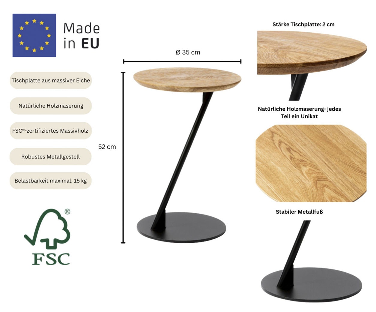 andas Couchtisch »Kurikka« B/T/H: 35/35/52 cm,  Kaffeetisch, Tischplatte aus massiver Eiche, Gestell aus Metall