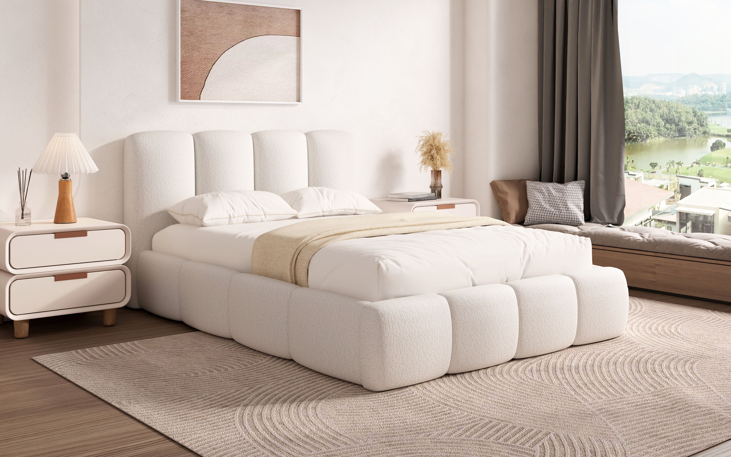 GOODproduct Lit rembourré »MERLINDA, Stauraumbett mit Lattenrost und Bettkasten, Chenille-Bezug« tête de lit et cadre fortement rembourrés, surface de couchage 140x200 / 180x200 cm