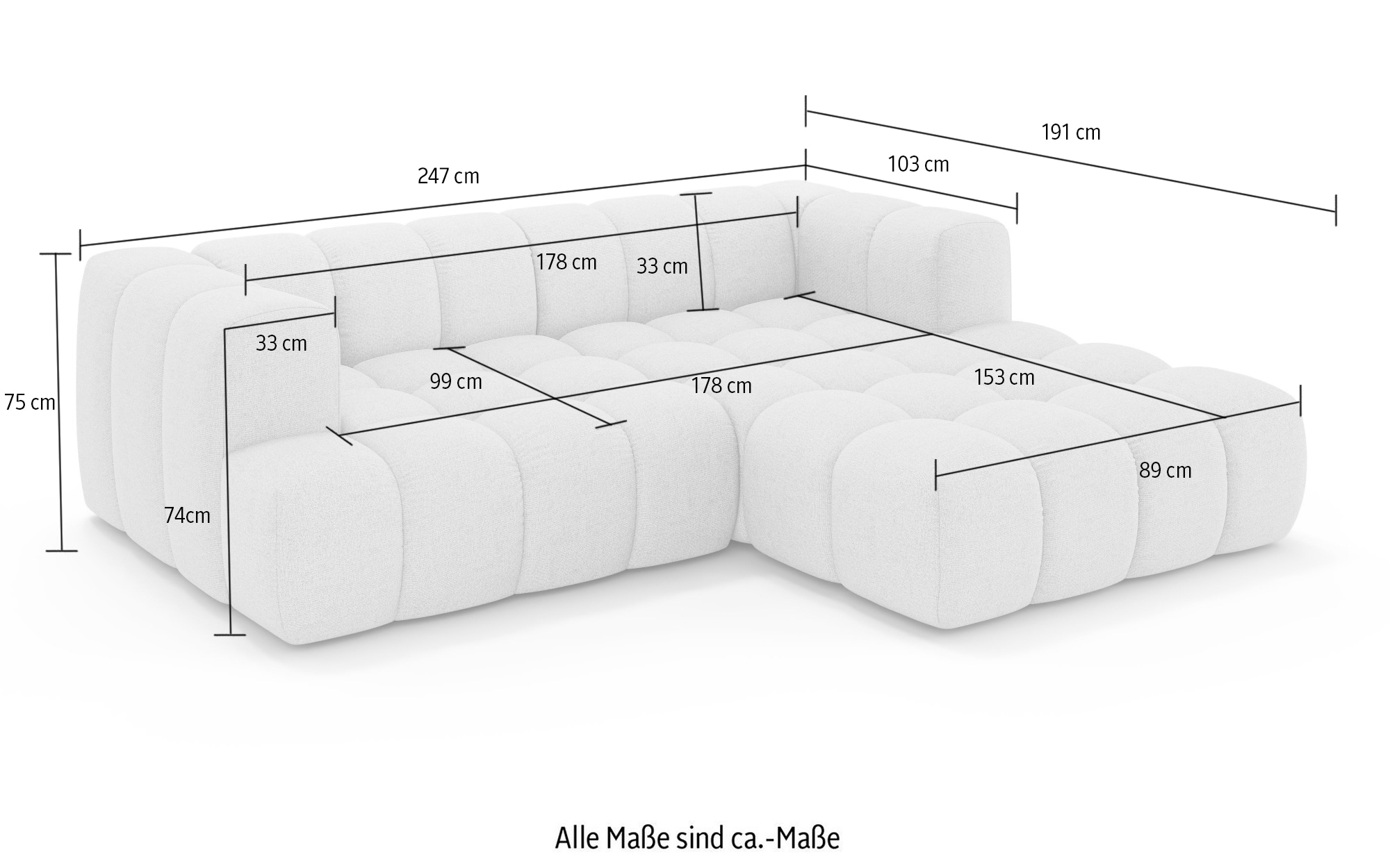 homsy by Ana Johnson Ecksofa »»XL« BOUBELLE L-Form extra tief, Design: Bubble-Optik, Breite 247cm« hoher Sitzkomfort dank Wellenunterfederung, XL Sitztiefe 100 cm