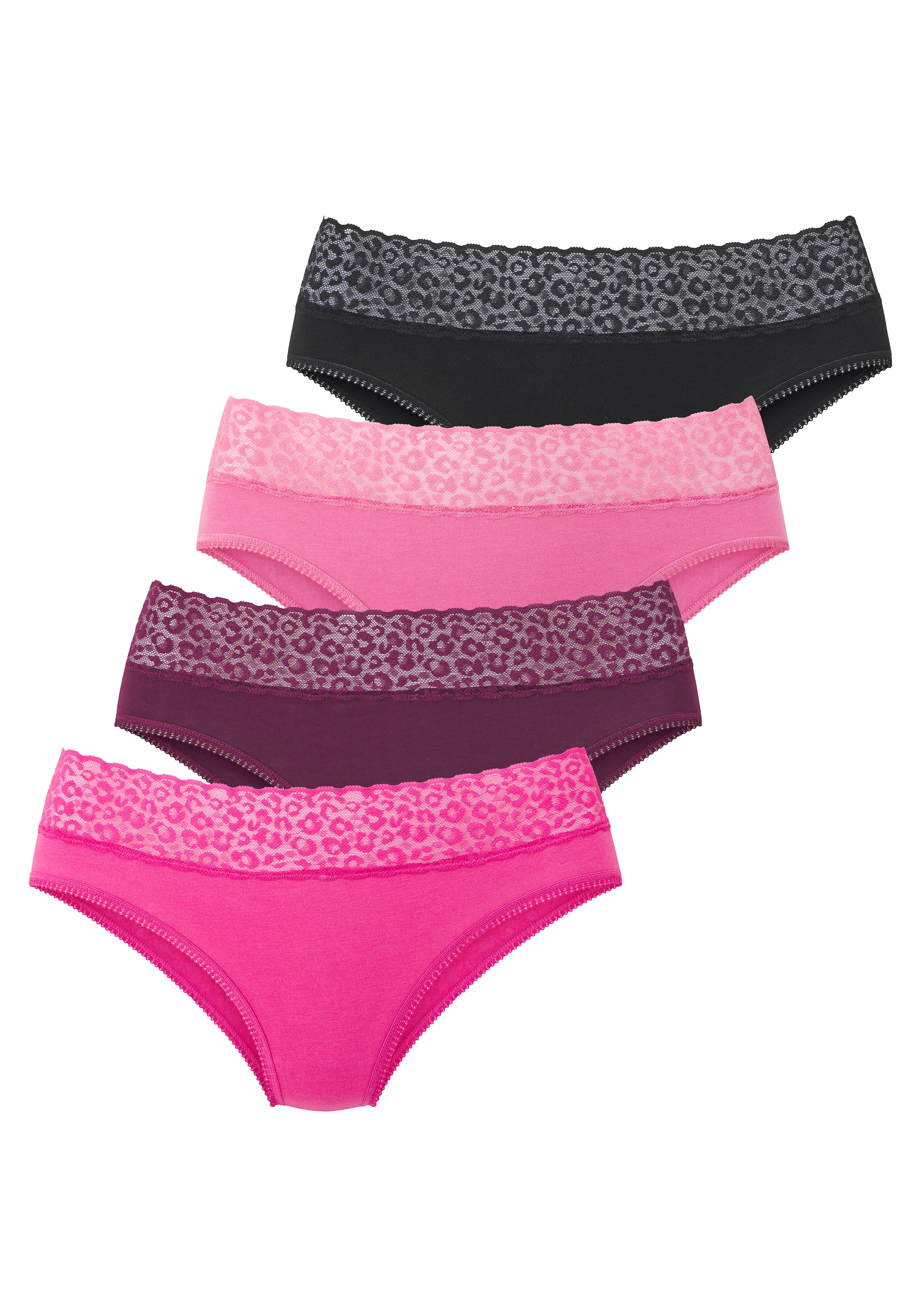 LASCANA Culottes de jazz pack de 4,  en coton élastique avec dentelle léopard à la ceinture