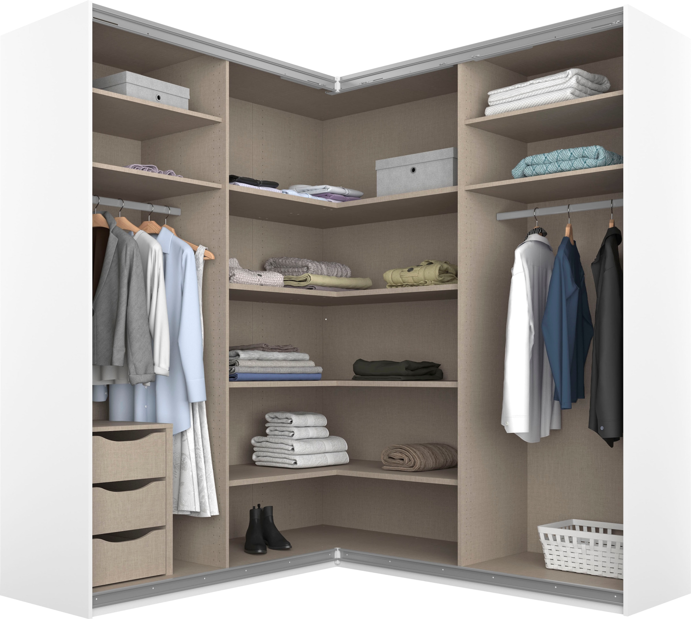 rauch Schwebetürenschrank »Schrank Garderobe Eckkleiderschrank QUADRA Front in Dekor/Hochglanz« Mass 181x187 cm, Höhen 210/229 cm, inkl. Soft-Close-Funktion,  extra grosser Eckschrank inkl. Schubladeneinsatz MADE IN GERMANY