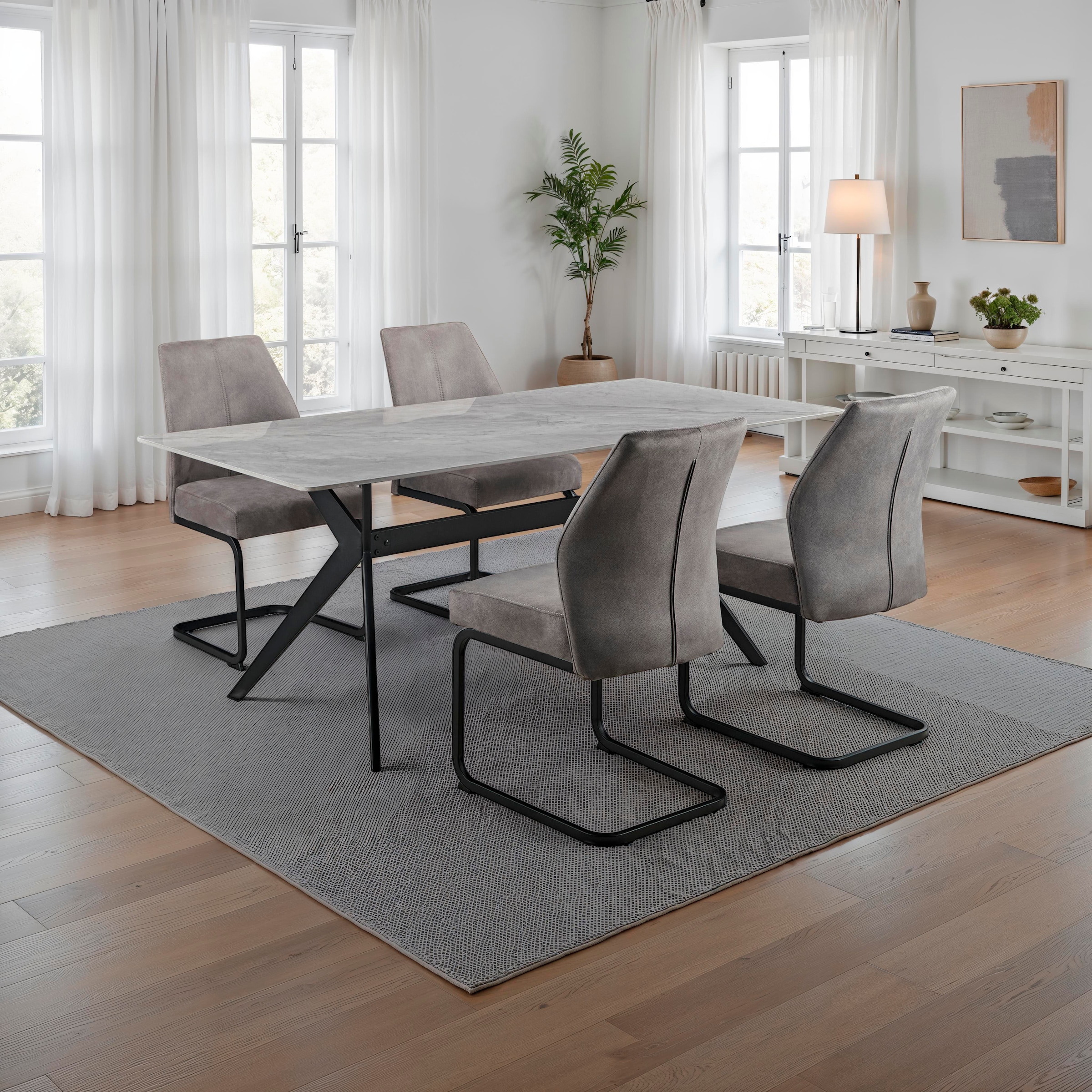 HELA Ensemble de salle à manger »ISAR« Set, 5 tlg. 5tlg., Marmoroptik (glänzend), Schwingstuhl, Federkorb