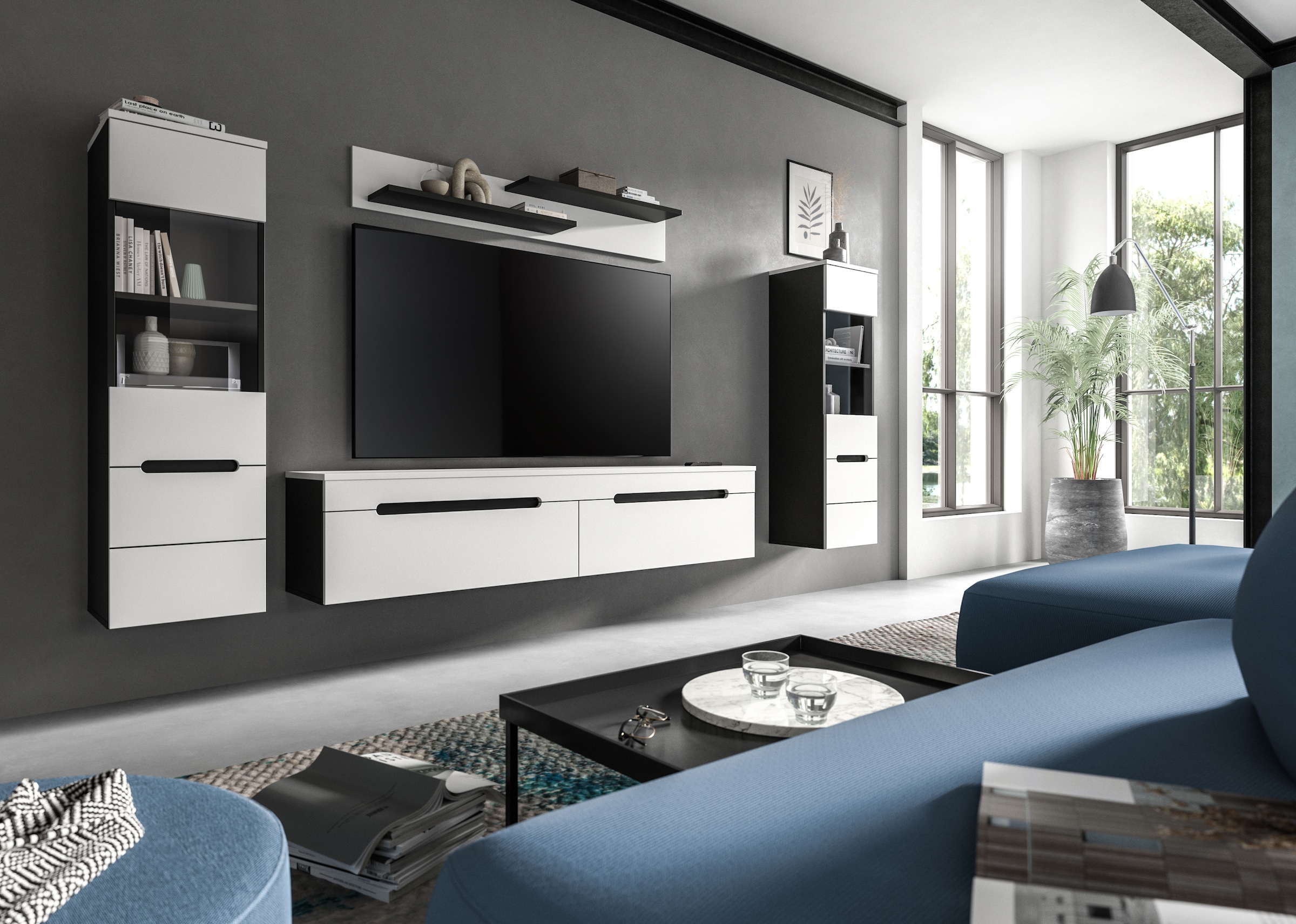 Home affaire Meuble mural »REHAT, TOPSELLER!, 4-teilig, wahlweise stehend und hängend montierbar« Set bestehend aus: 2x Vitrine, Lowboard und Wandboard, 3 cuis tlg.