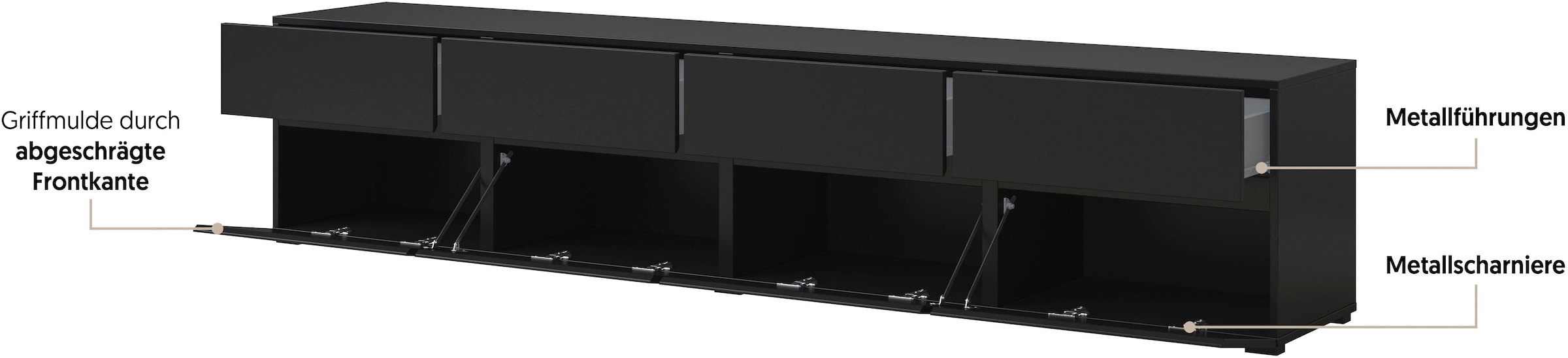 GOODproduct Lowboard »Cross, moderne grifflose TV-Kommode,4 Klappen/4 Schubkästen« Breite 225 cm, TV-Schrank mit viel Stauraum, TV-Board