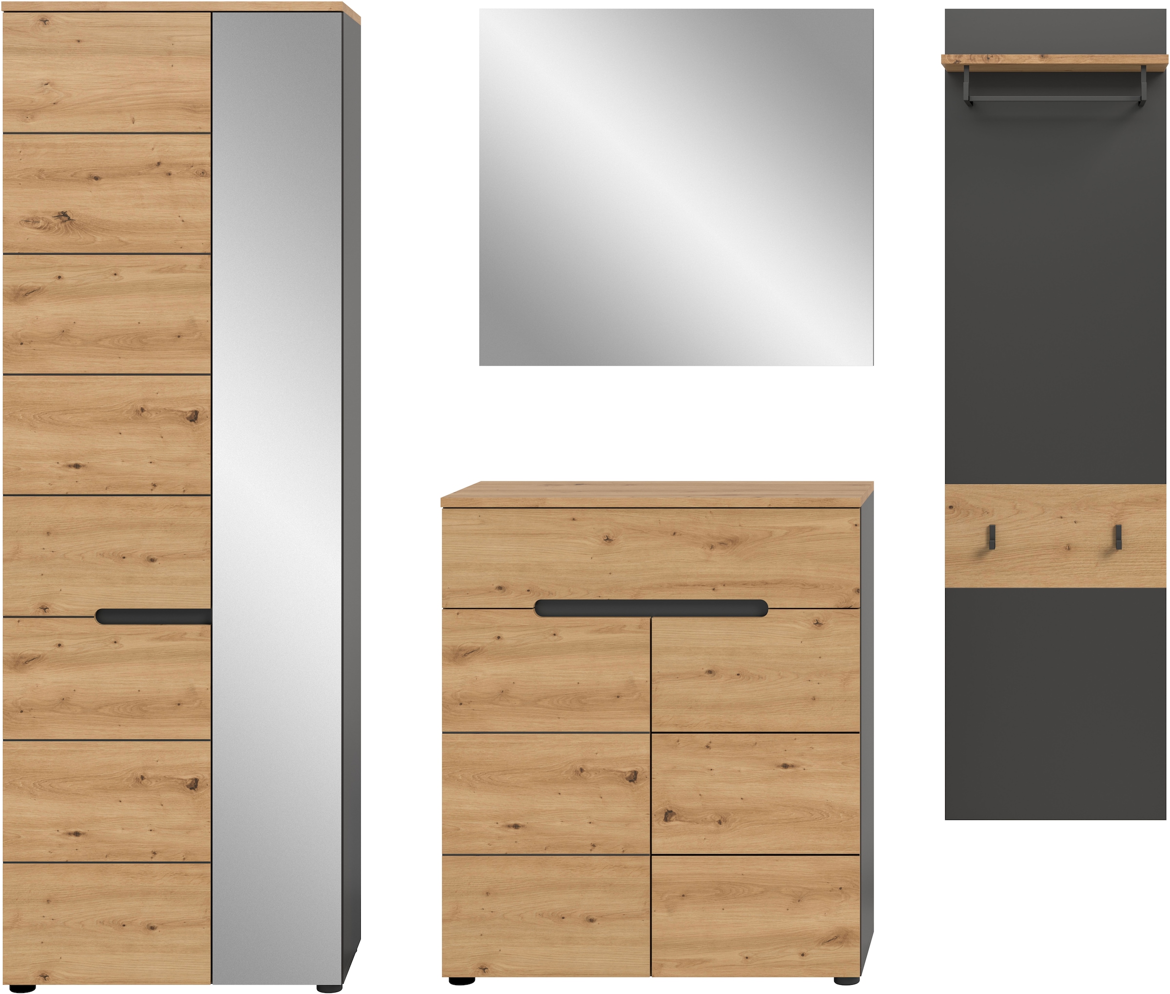 INOSIGN Garderoben-Set »REHAT, TOPSELLER!, 4-teilig, Breite 220 cm, individuell erweiterbar« Set, bestehend aus: Garderobenschrank, Kommode, Spiegel & Garderobenpaneel, 4 Stk. tlg.