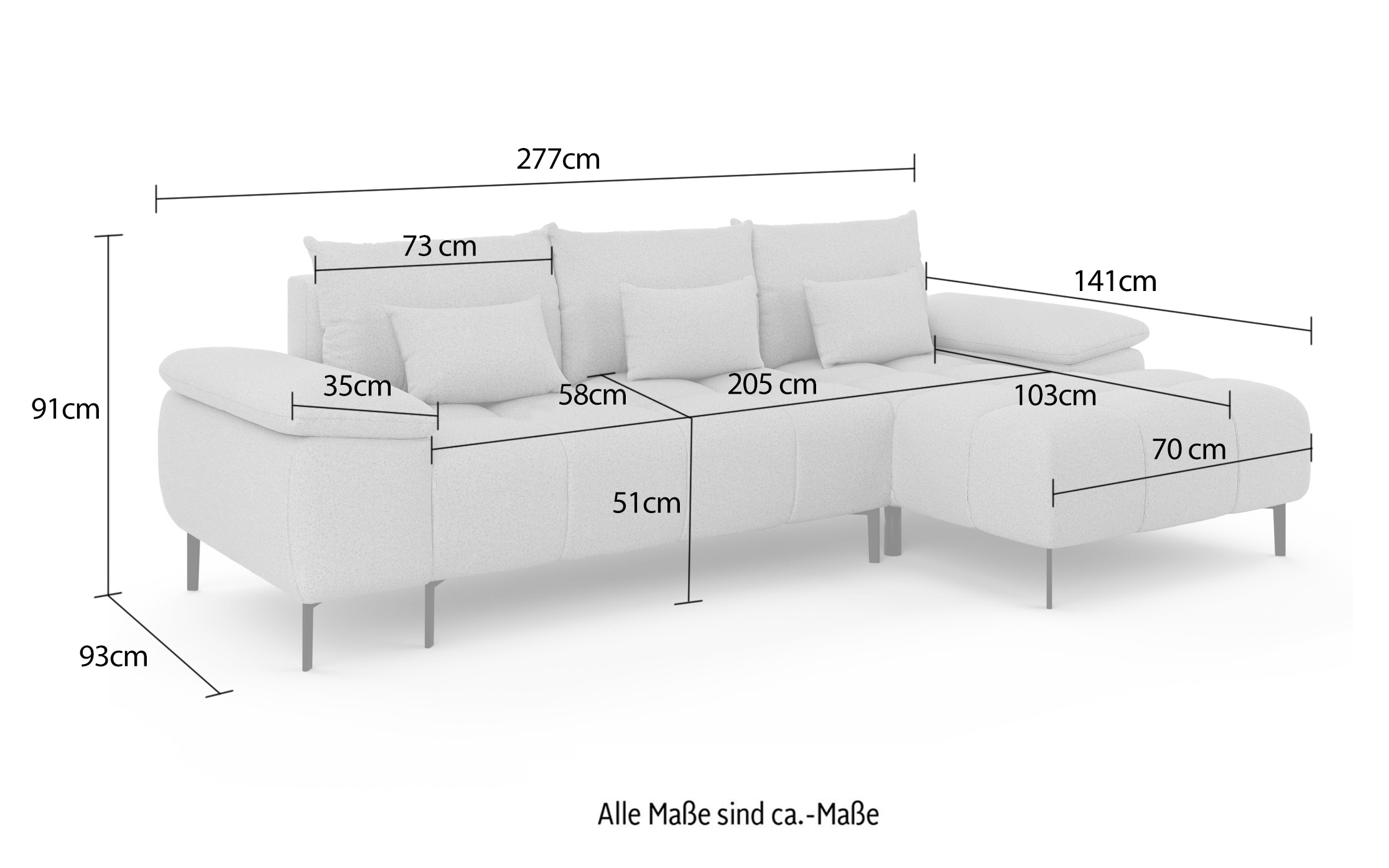 INOSIGN Canapé d'angle »DROMARA Schlafsofa mit Bettkasten, Masse: B/T/H 277/141/91 cm« L-Form mit Recamiere rechts/links bestellbar, Wellenunterfederung