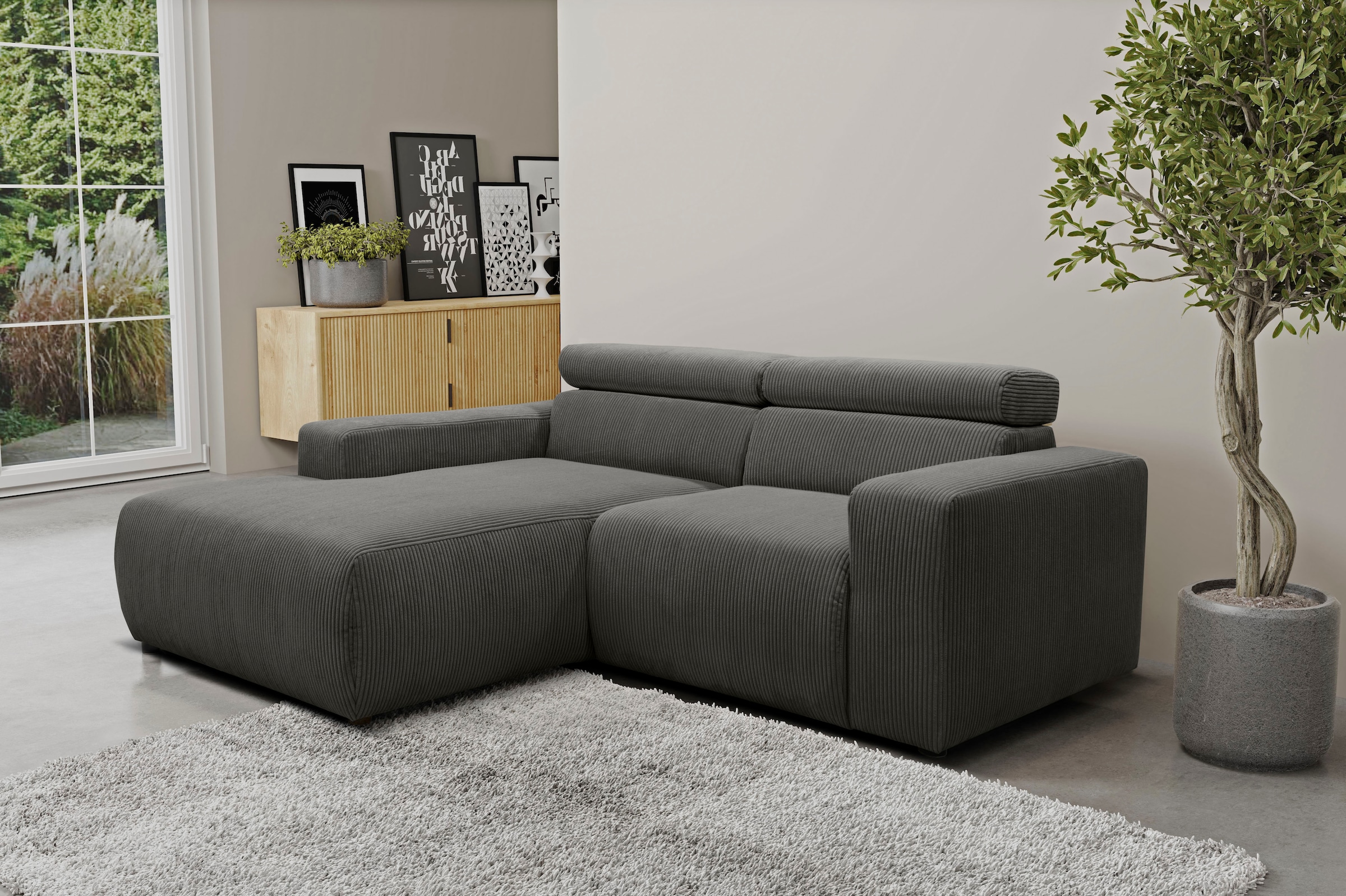 DOMO collection Ecksofa »BRANDON inkl. Kopfteilverstellung,  214x100x80 cm, L-Form« Cord, grau