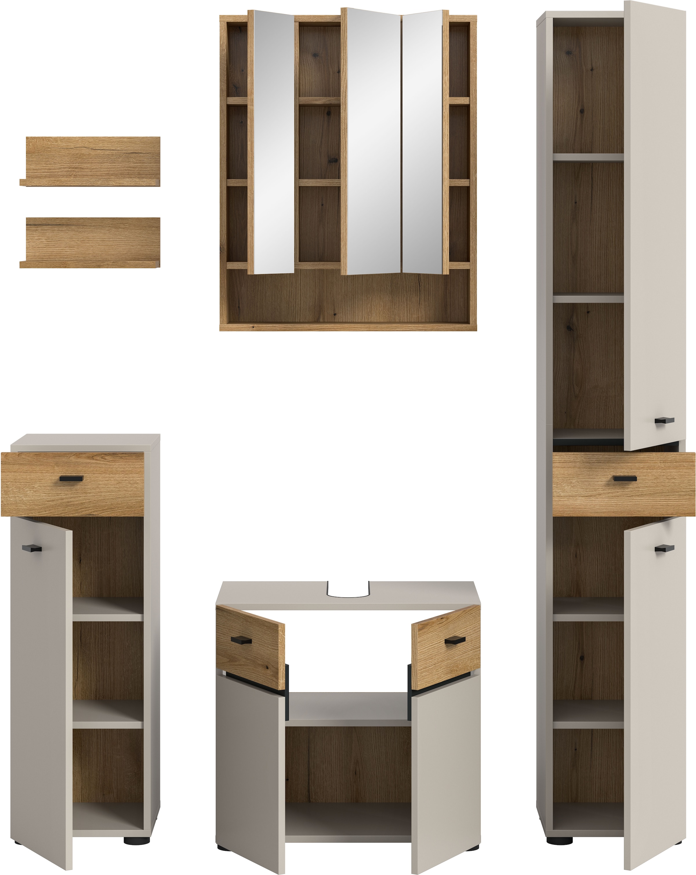 welltime Ensemble de meubles de salle de bain »VANN, 6-teilige moderne Badkombination, individuell stellbar« Midischrank, 2er Set Wandregal, WBU, Spiegelschrank, Hochschrank, 6 cuis tlg.
