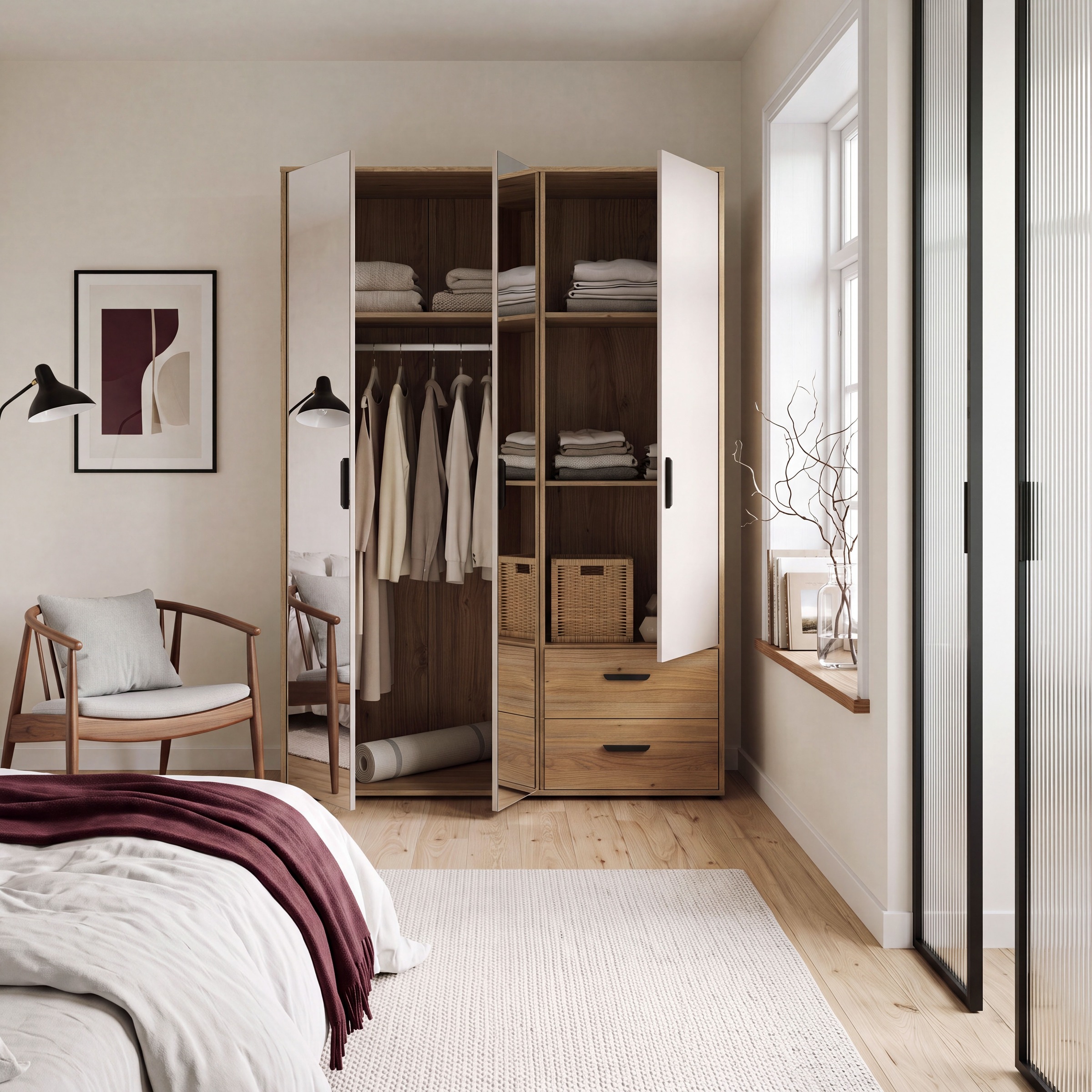 GOODproduct Kleiderschrank »AALOX, Spiegel, 3 Türen, 2 Schubladen, viel Stauraum, schwarze Griffe« Schrank ca. 140 bis 150 cm breit, schwarze Griffe, zeitloses Design