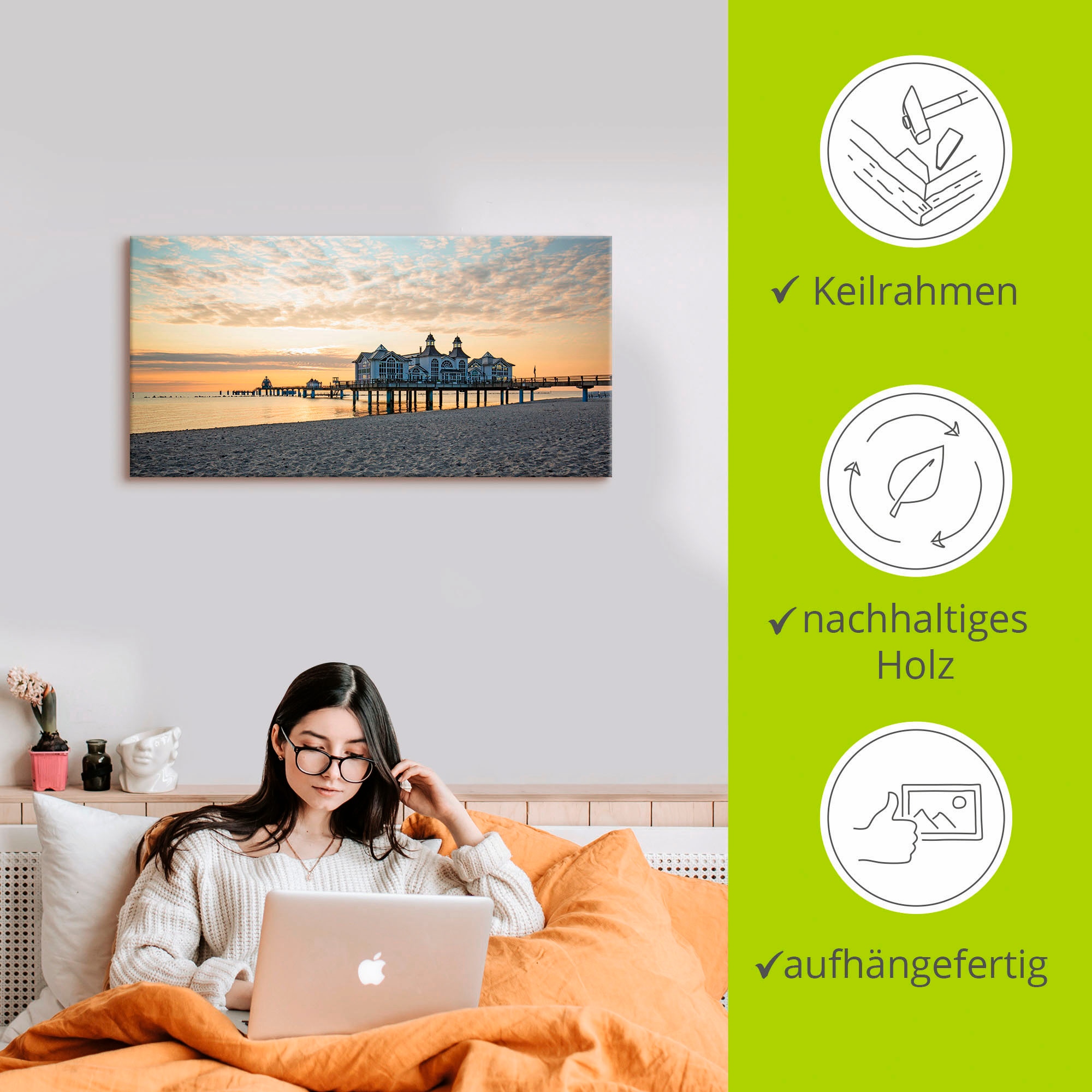 Artland Tableau sur toile »Seebrücke Sellin bei Sonnenaufgang« 1 cuis tlg. auf Holzrahmen gespannt