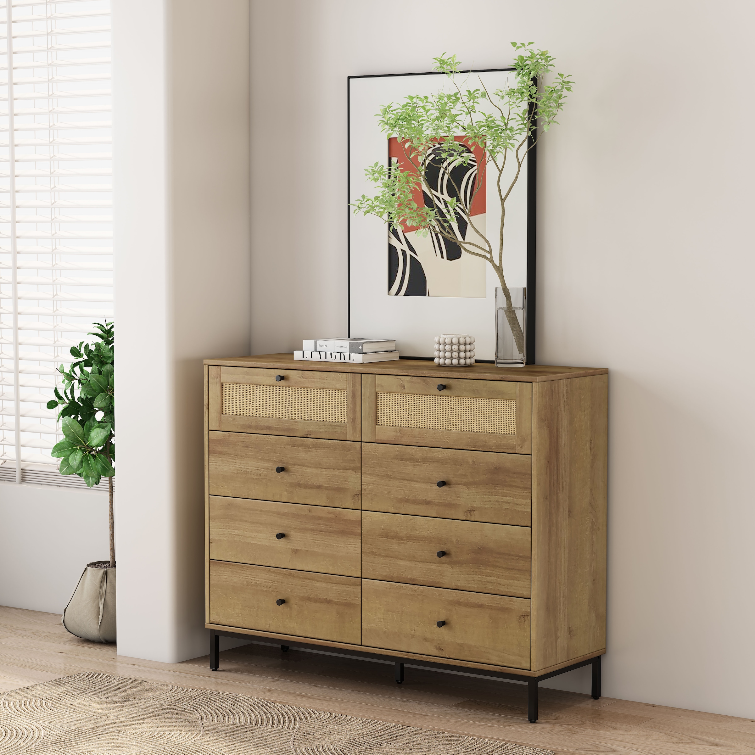GOODproduct Kombikommode »Motala Wäsche Schrank mit 8 Schubladen Sideboard BOHO Design« Eichen-Design mit schwarzen Griffen und Geflecht Schubladen, 