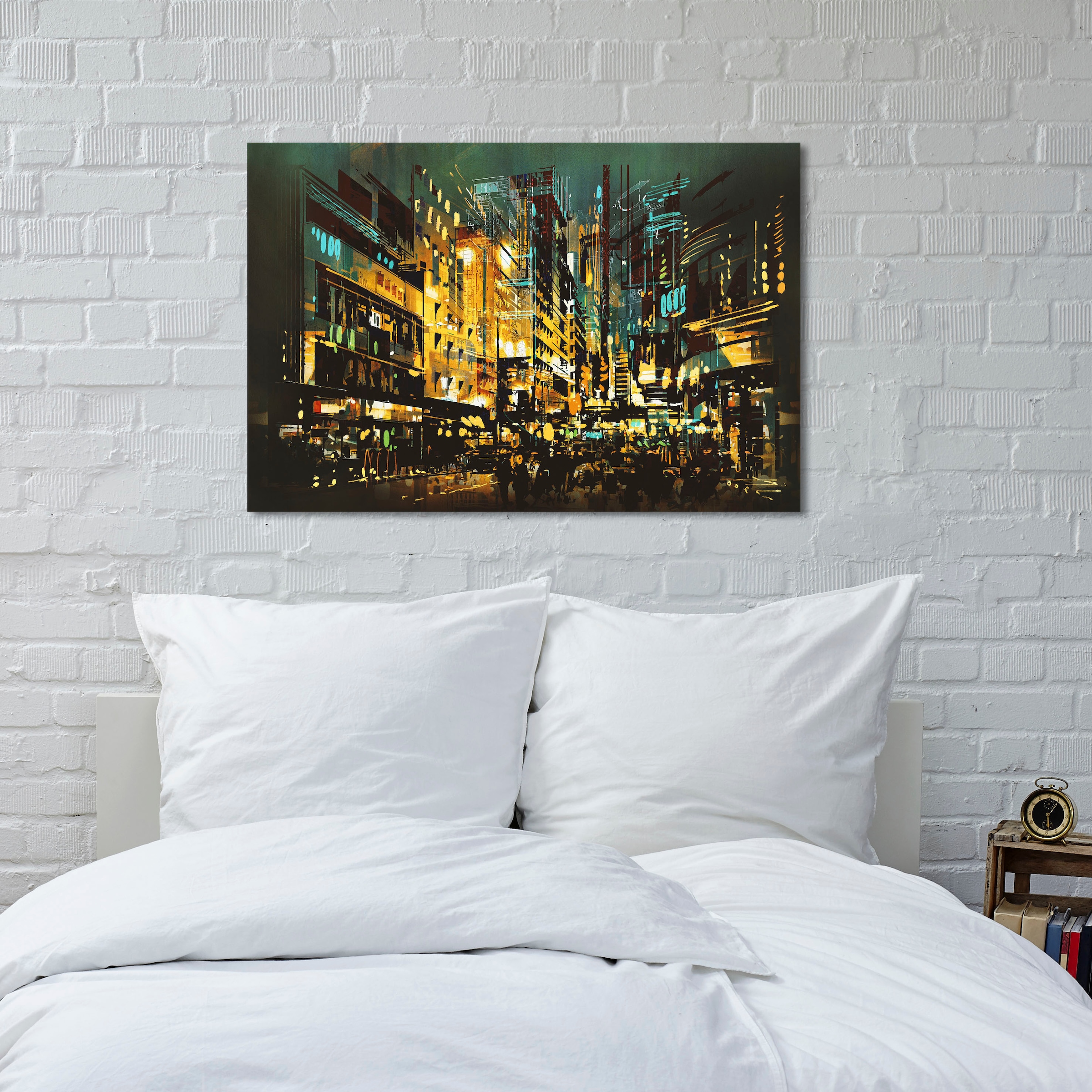 queence Tableau sur toile »Beleuchtete Stadt« Premium-Leinwandstoff, Handarbeit aus Deutschland