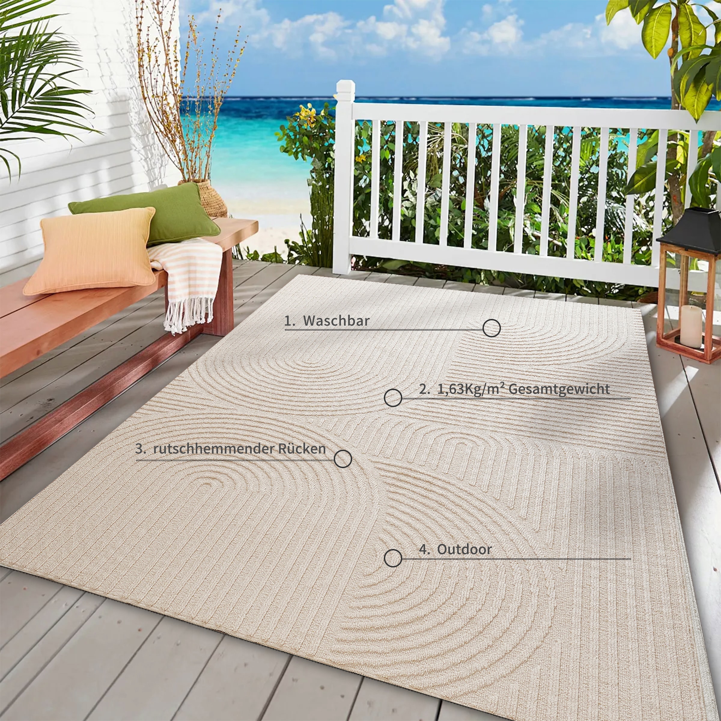 GOODproduct Tapis »Jola, In- und Outdoor geeignet, Hoch-Tief-Design, Scandi« Rectangulaire 9 mm Höhe Hoch-Tief-Struktur, Zen, Wetterfest & UV-beständig, Balkon, Camping