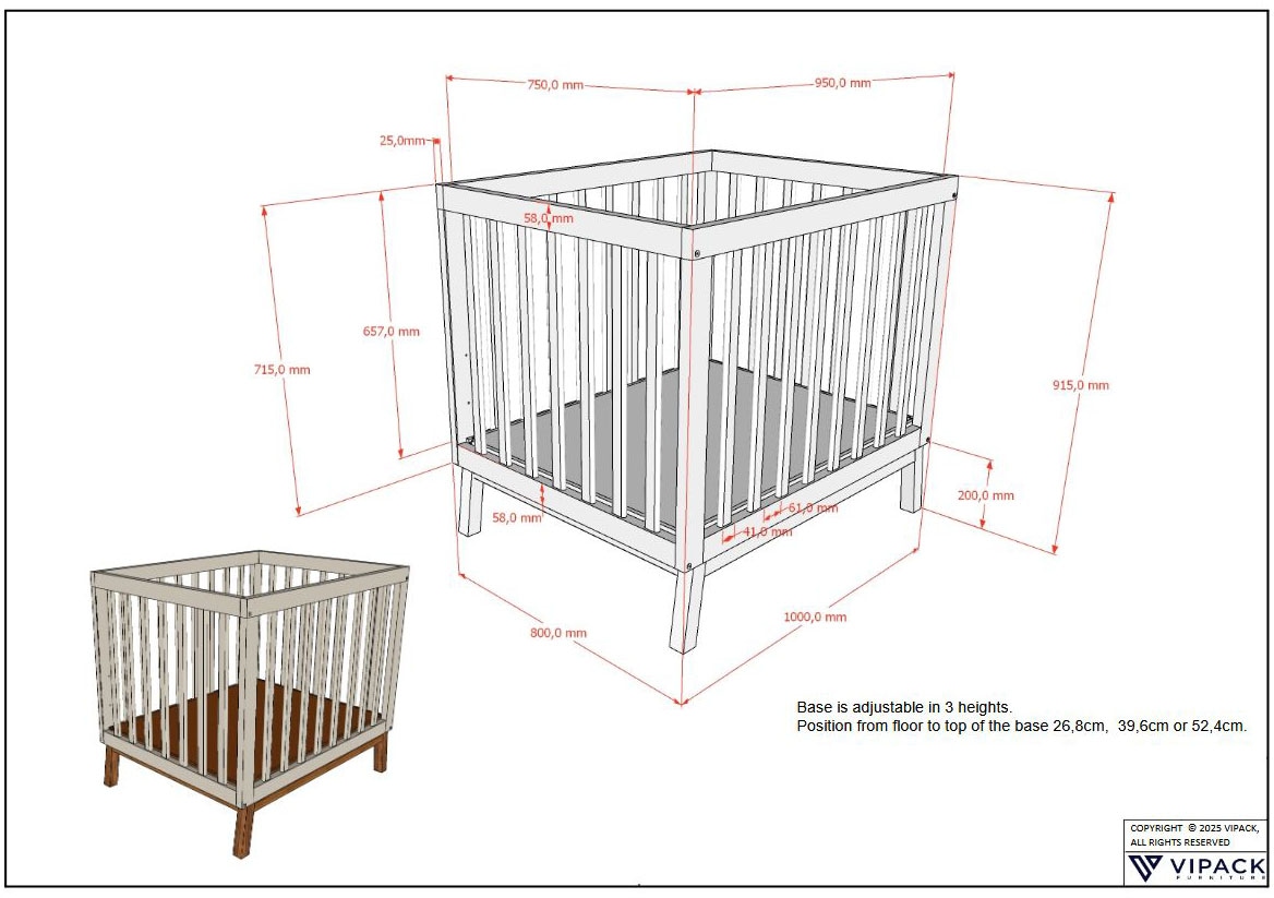 Vipack Parc pour bébé »Sezane, Spiel- und Kuschelfläche 75 x 95 cm, 3-fach höhenverstellbar« bis 15 kilos Couleur argile, talon couleur noyer ou pin massif couleur noyer