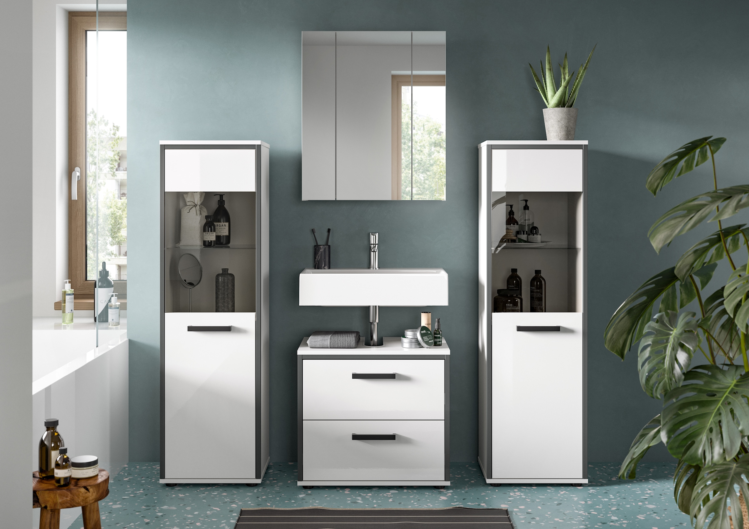 welltime Ensemble de meubles de salle de bain »KAJO, 4-tlg. Badkombination, weiss hochglanz« Set, Set, best. aus:2 Midischränken, 1 WBU, 1 Spiegelschrank, 4 cuis tlg.