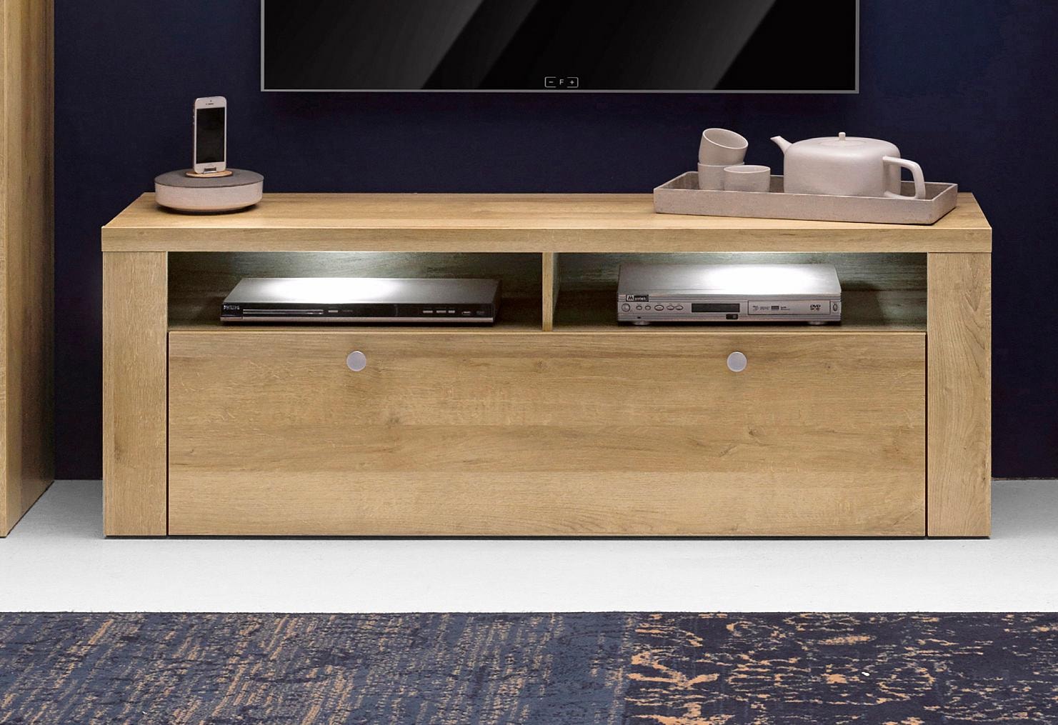 GOODproduct Table basse »Larona, zeitloses TV Board mit 1 Klappe und 2 offenen Fächern« Largeur 140 cm, banc TV, beaucoup de rangement, look cadre décoratif