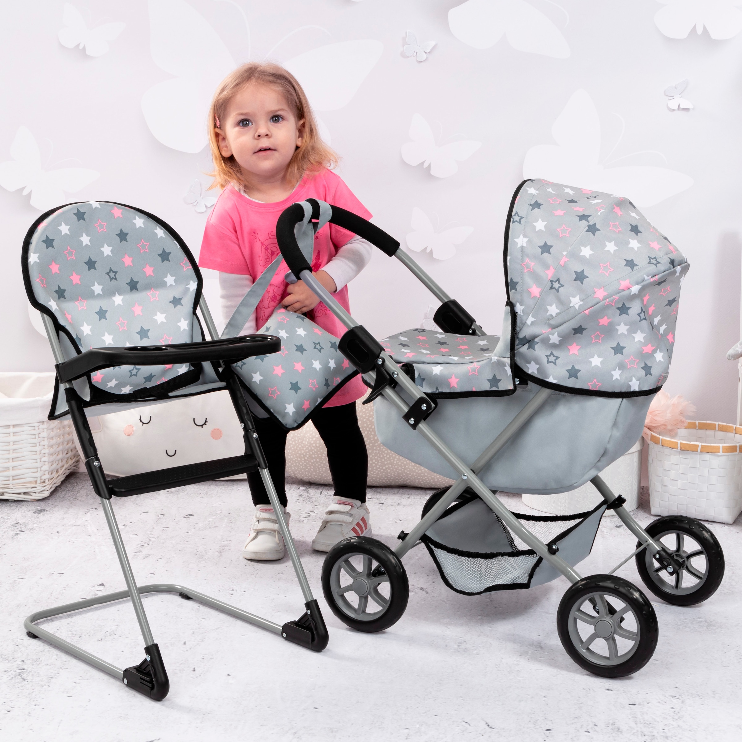Bayer Puppenwagen »Cosy Set, grau« mit Puppenhochstuhl und Wickeltasche