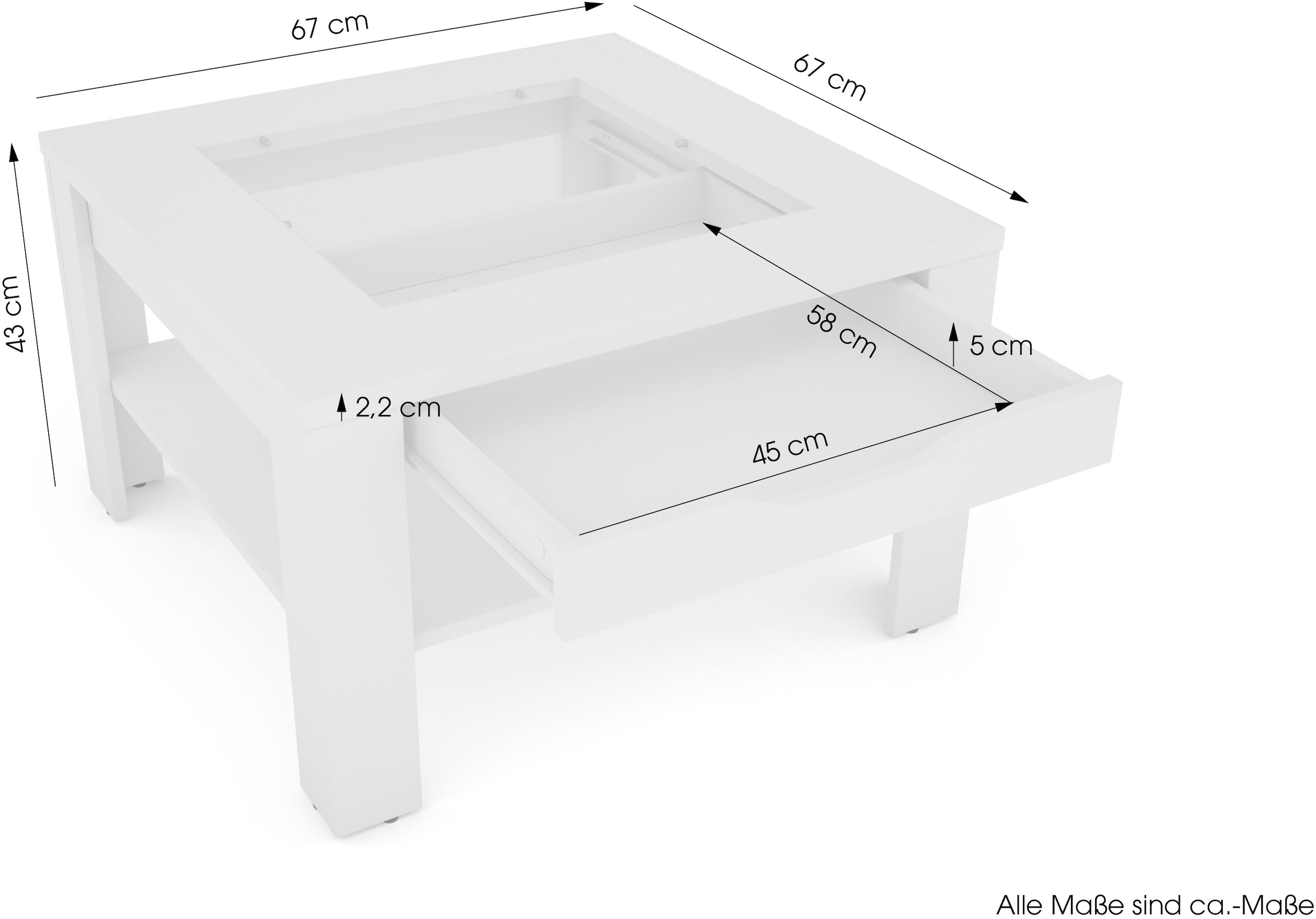 byLIVING Table basse »RALPH« Artisan Eiche, Old Wood oder weiss, 1 Schubkasten, Glaseinlageplatte