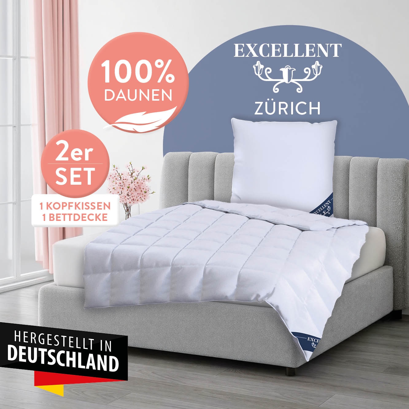 Excellent Daunenbettdecke + 3-Kammer-Kopfkissen »Bettdecken-Set  Zürich, Bettdecke 135x200 & 155x220 cm« Bettdecke 100% Daunen für Winter, Sommer, Kissen mit 90% Daunen