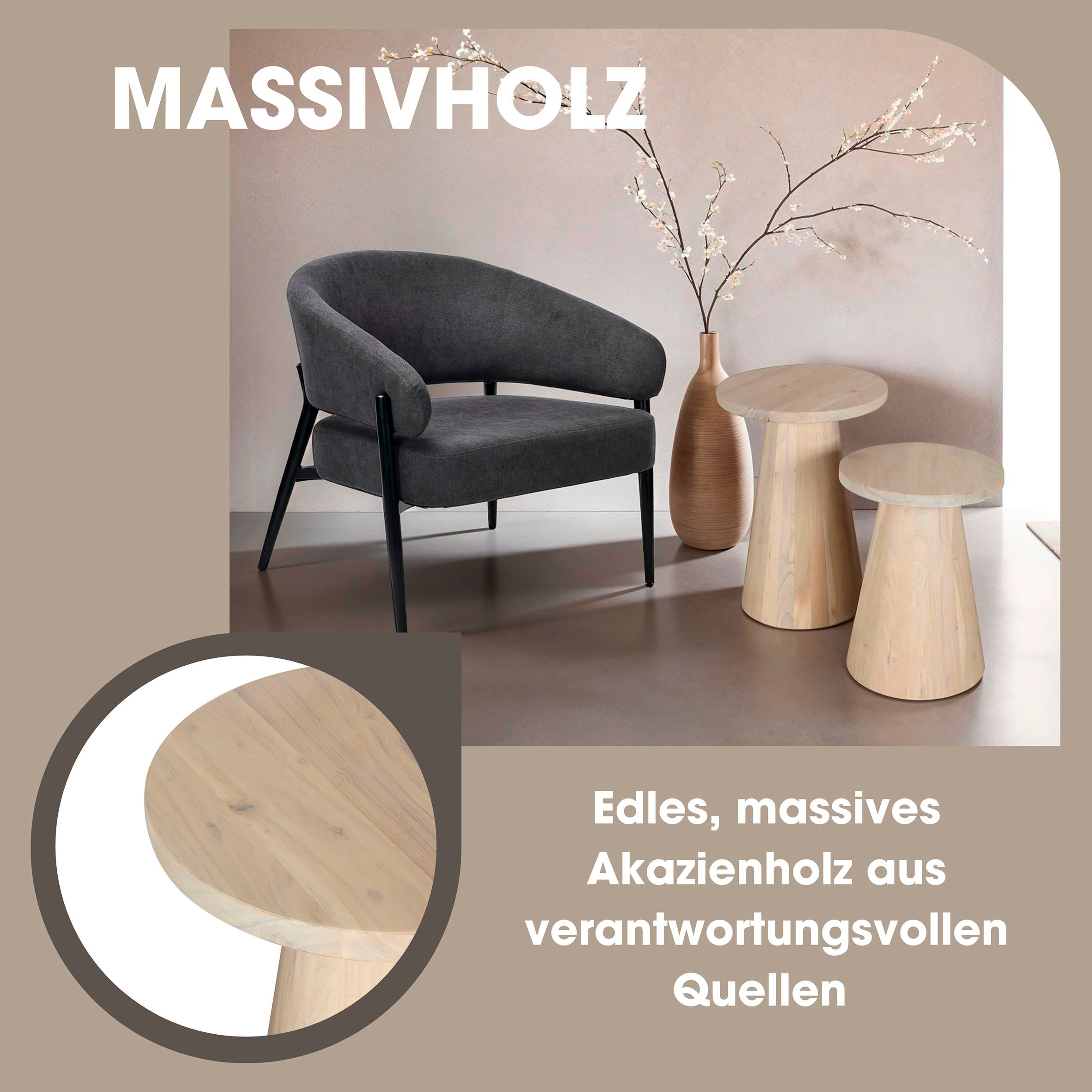 byLIVING Beistelltisch »Cone« aus Massivholz in schwarz oder white wash, verschiedenen Grössen