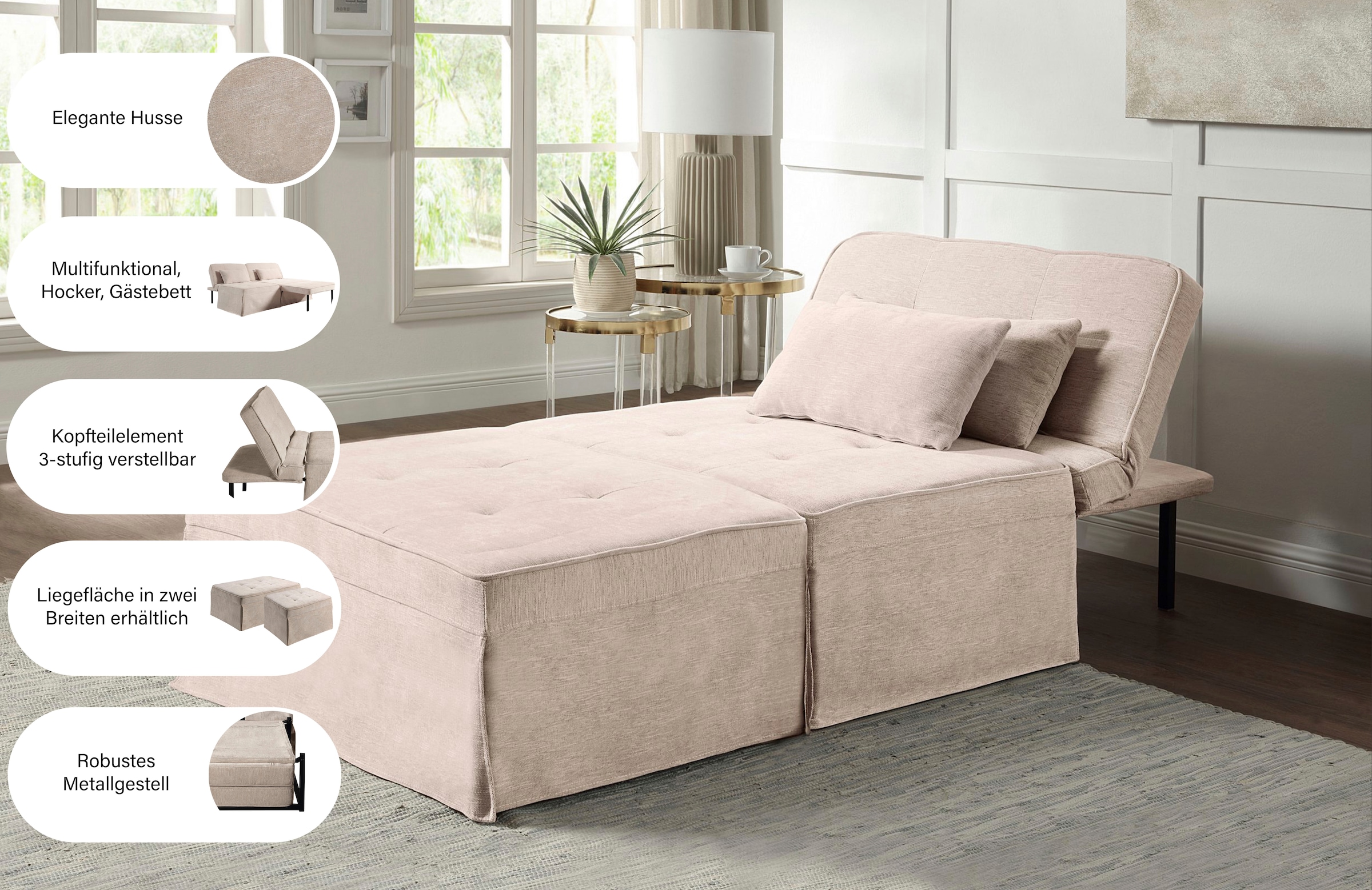 ATLANTIC home collection Canapé-lit »Finn« transformable en fauteuil lounge, chaise longue relax et lit d’appoint, coussins inclus