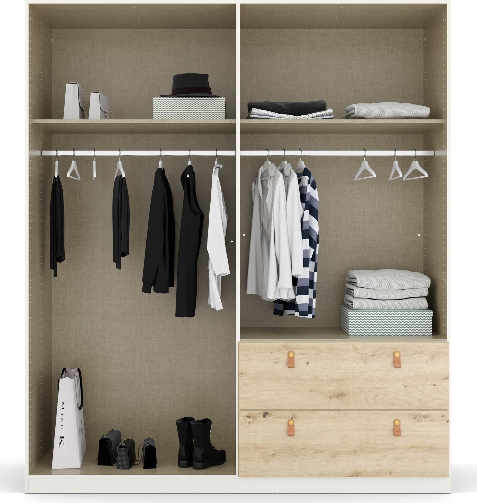 rauch Drehtürenschrank »Kleiderschrank Schrank Garderobe Ankleide HOMEY BY QUADRA SPIN« Breiten: 181/226/271 cm, Höhe 210 cm,  mit cognacbraunen Ledergrifflaschen, Schubladen in Eichen-Dekor