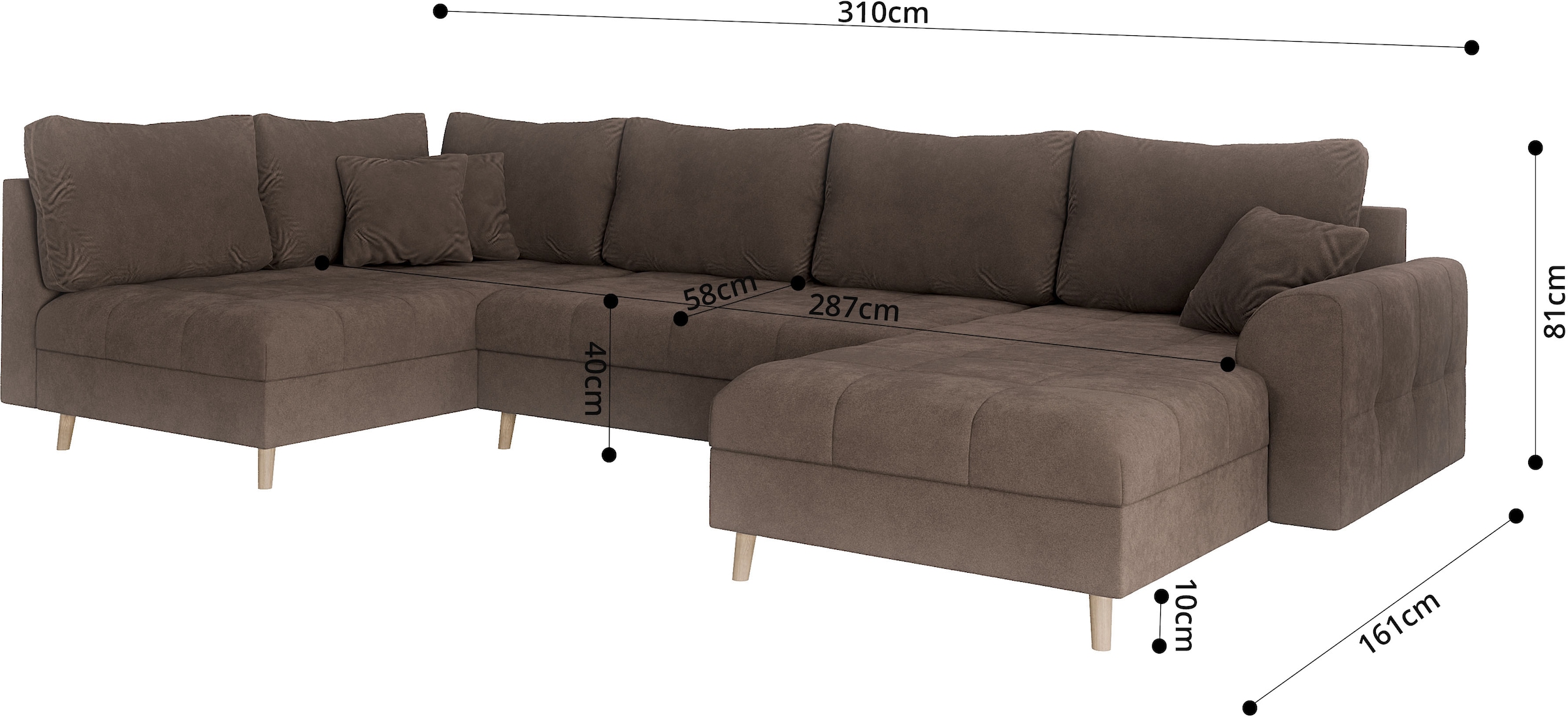 Home affaire Wohnlandschaft »CHARRE U-Form mit Ottomane, Masse B/T/H: 310/161/81 cm« feine Steppung, lose Rücken- und Zierkissen, auch in Cord und Bouclé