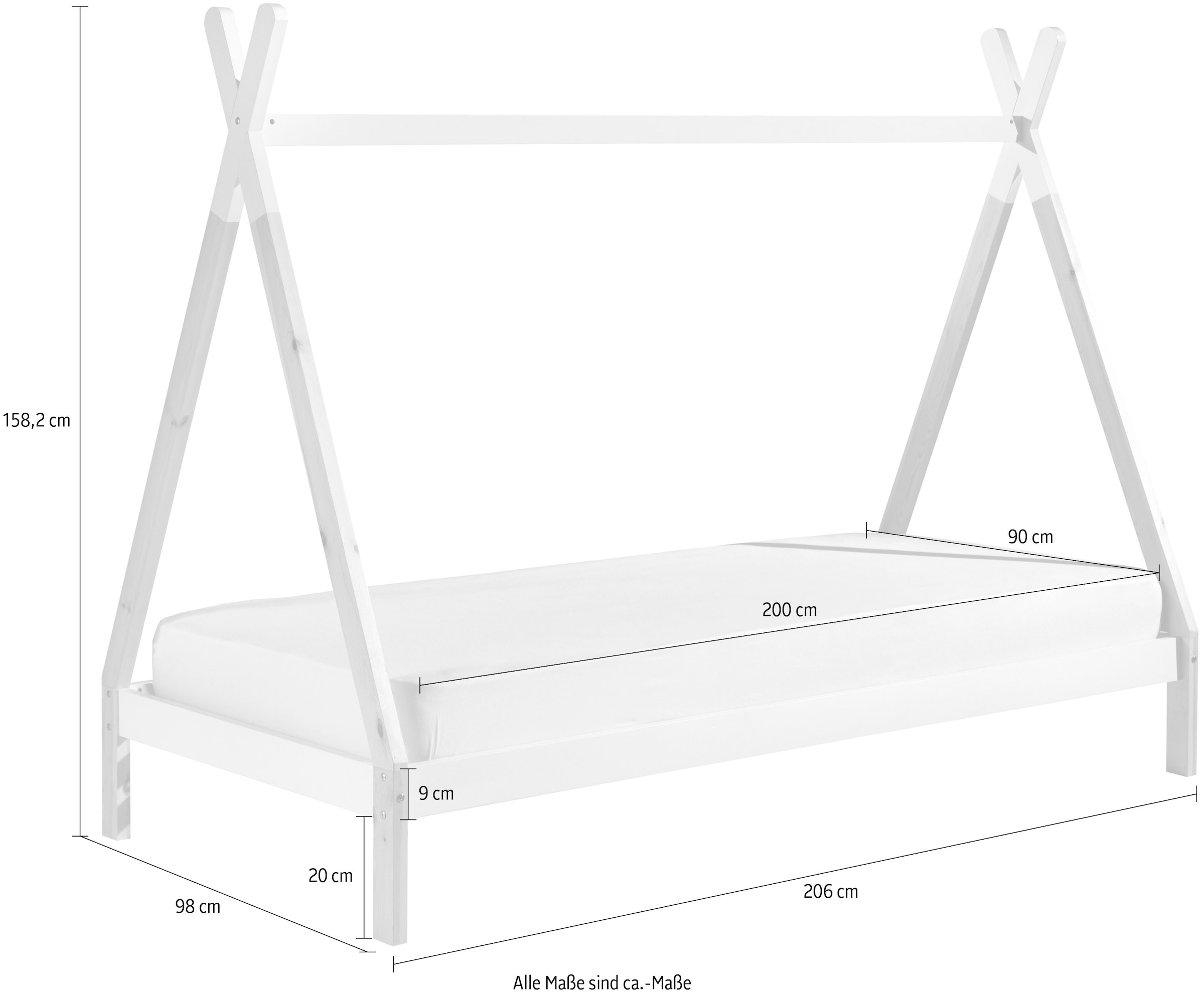 Vipack Lit d'enfant »TIPI, Kiefer massiv, 2-farbig lackiert, mit Rolllattenrost« L/H/P env. 206x158,2x98 cm, barre transversale décorative possible,  90/200, avec ou sans tiroir au choix
