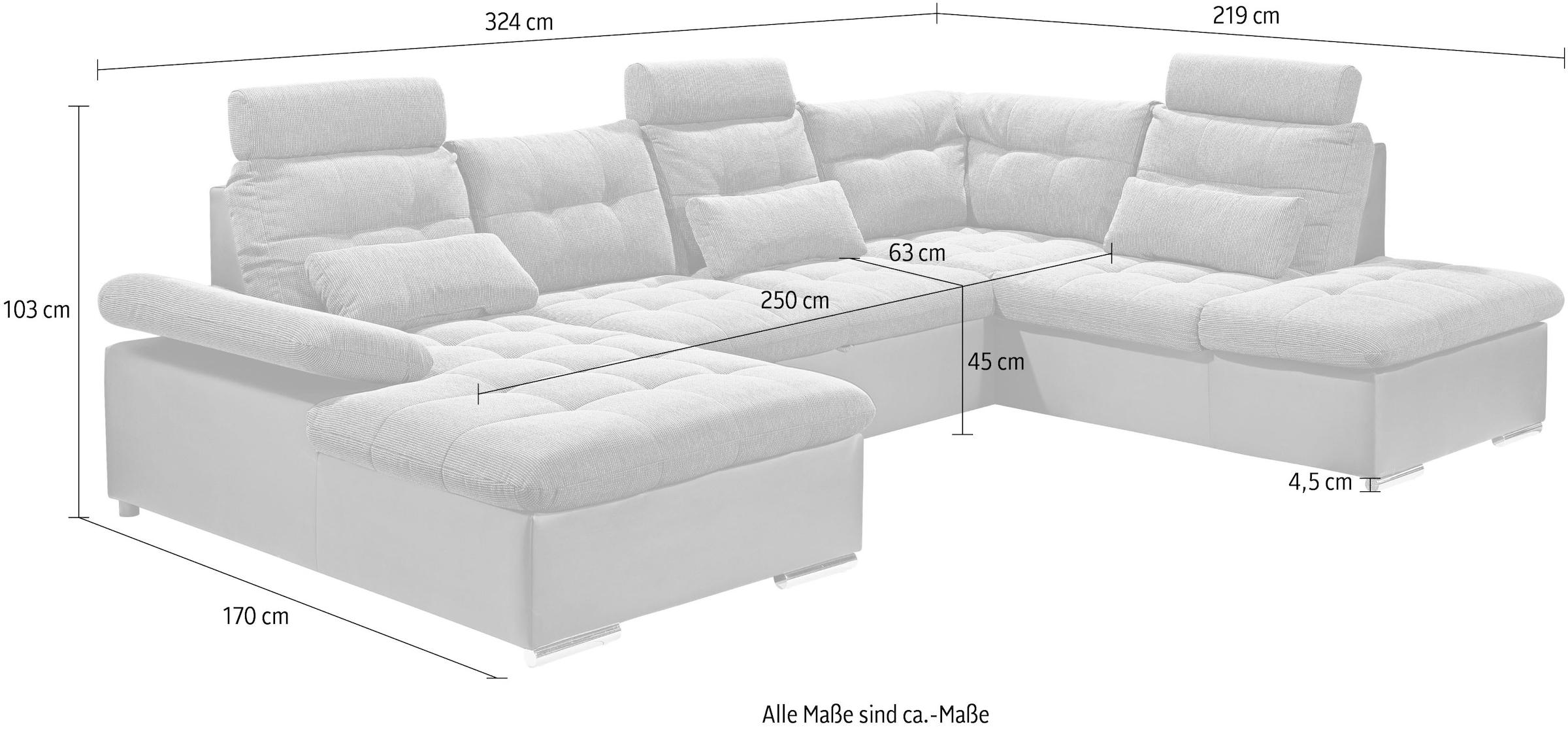 ED EXCITING DESIGN Wohnlandschaft »Jakarta U-Form mit Bettfunktion, Bettkasten« Armteilverstellung, Kopfstützen & 3 Nierenkissen