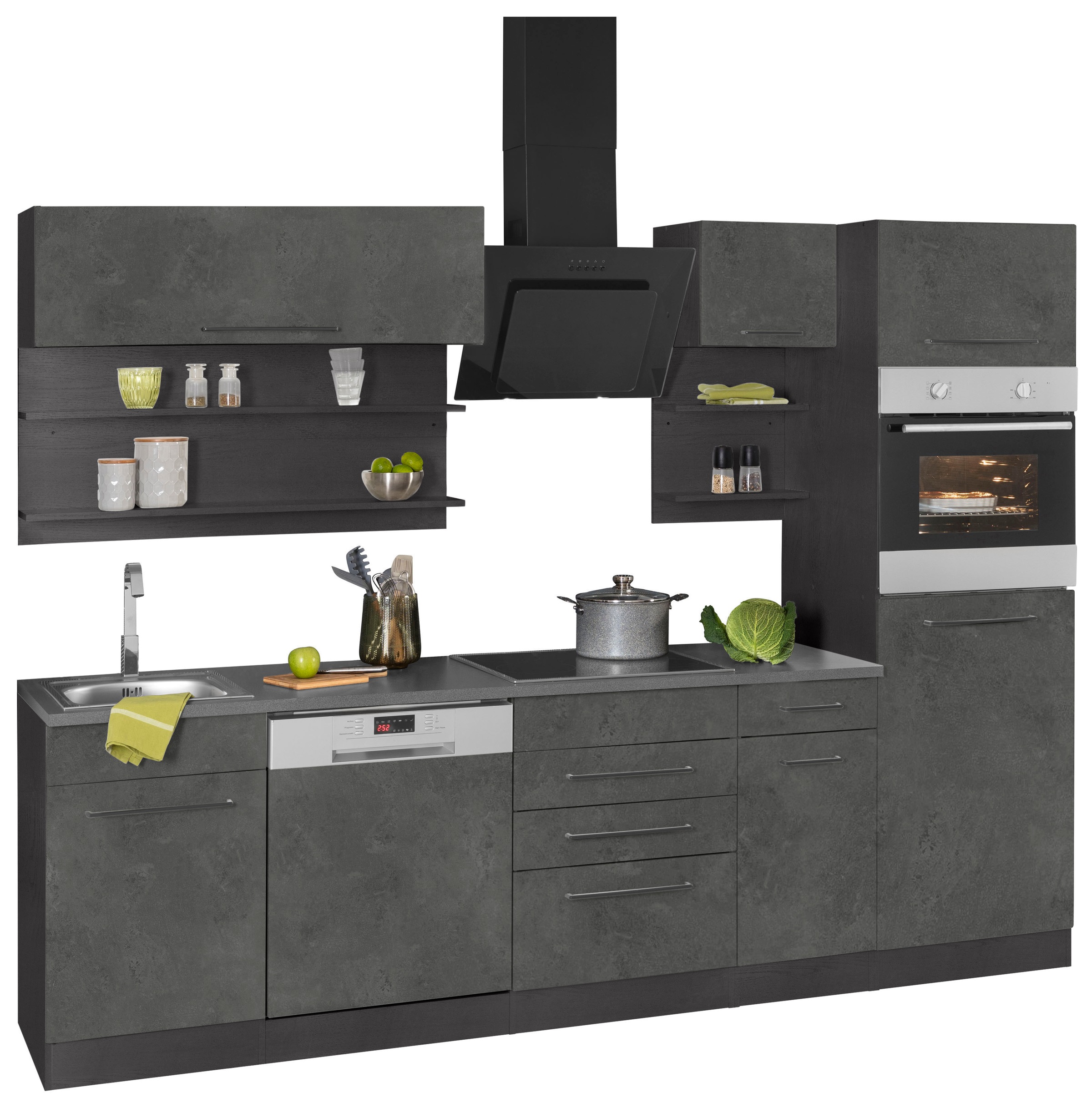 KOCHSTATION Küchenzeile »KS-Tulsa« ohne E-Geräte, Breite 270 cm, schwarze Metallgriffe, MDF Fronten