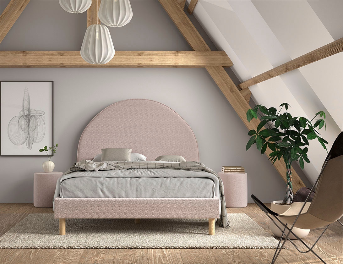 Vipack Ensemble de chambre à coucher »Moon, best. aus Polsterbett 140/200 und 2 Hocker/Nachttische« L/H/P env. 147x132x212 cm, tête de lit arquée, pieds en bois massif,  incl. sommier à lattes, housse en tissu bouclé doux, 4 couleurs au choix
