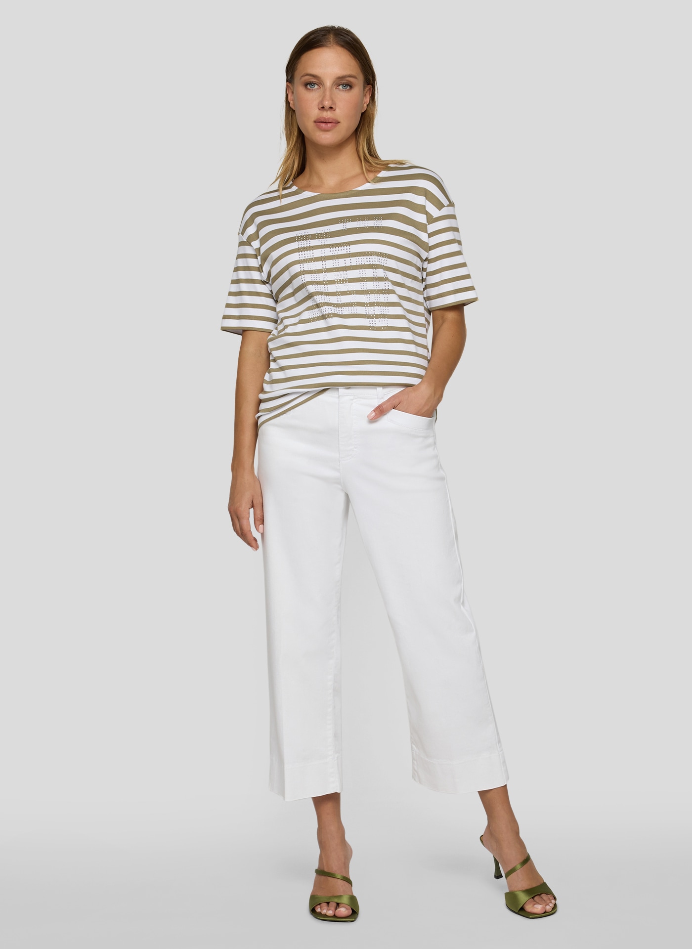 Rabe Shirt à col rond mit Allover-Streifen und Glitzersteinen