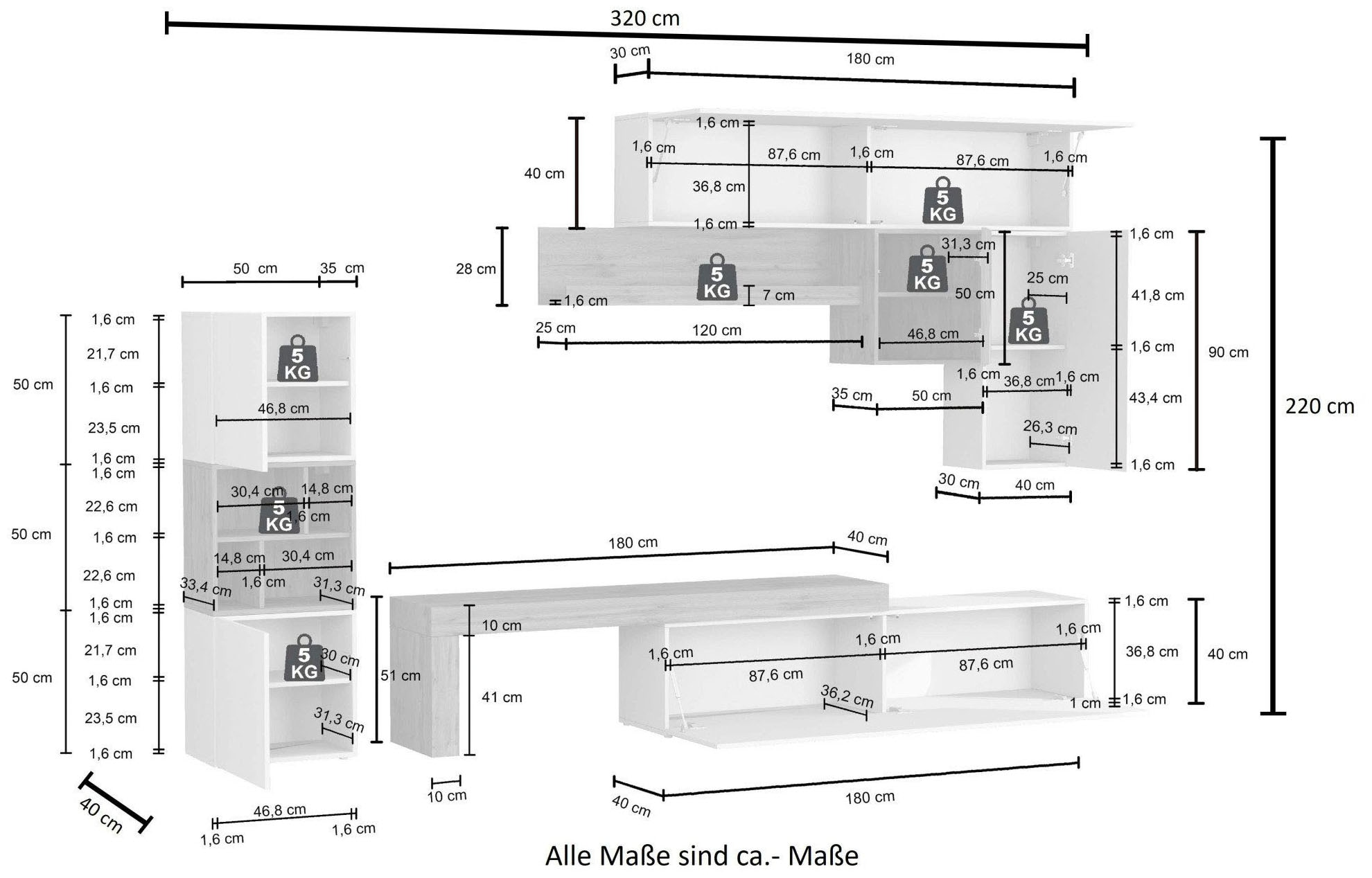 GOODproduct Meuble mural »Chronos Wohnwand, Medienwand, 8-er set« Set, 8 cuis tlg.