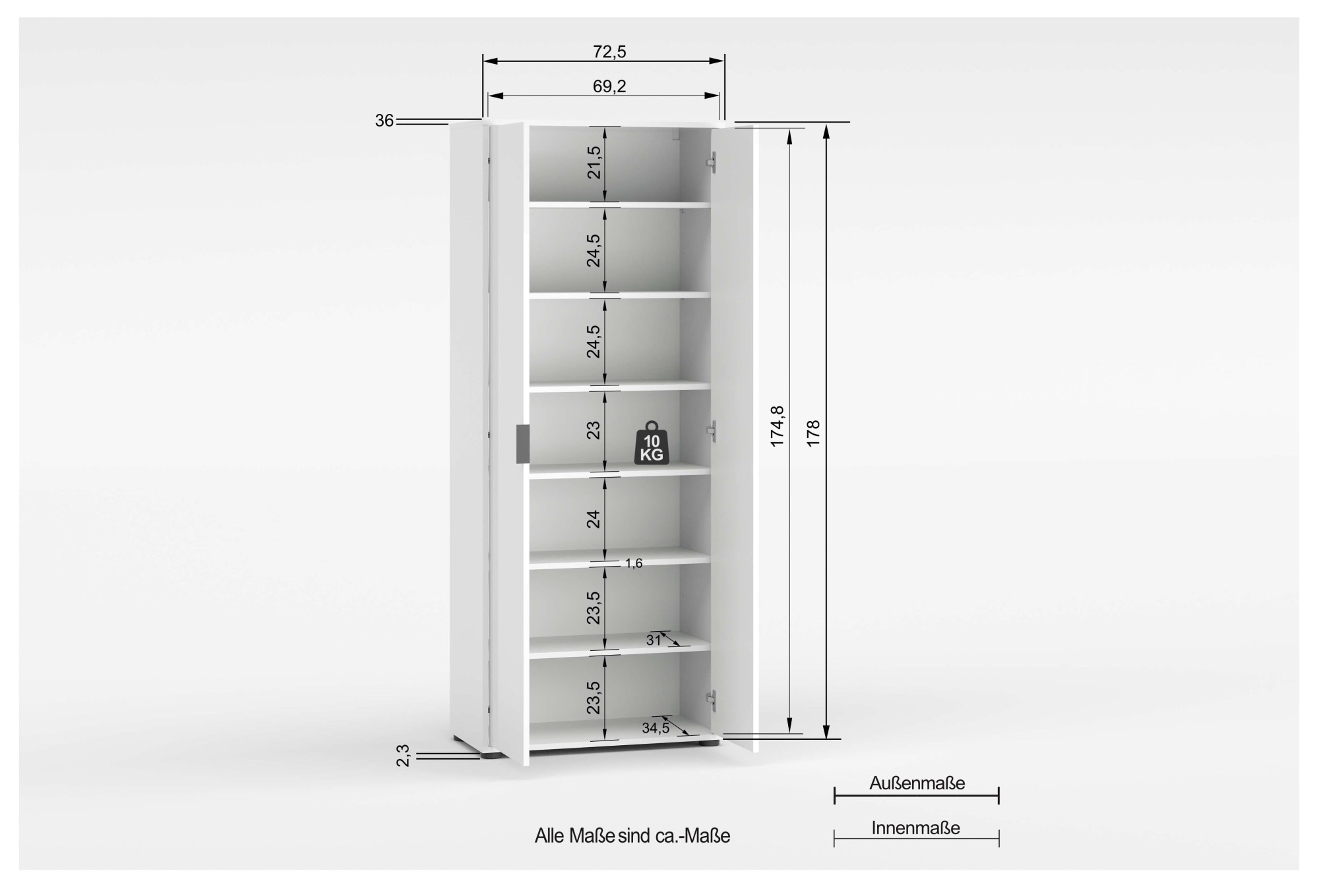 Home affaire Armoire multi-usages »JOLLY, Stauraumschrank , Breite 72,5 cm , Höhe 178 cm« 1 cuis tlg. 2-türiger Schrank mit 4 Einlegeböden, hochglanz lackiert