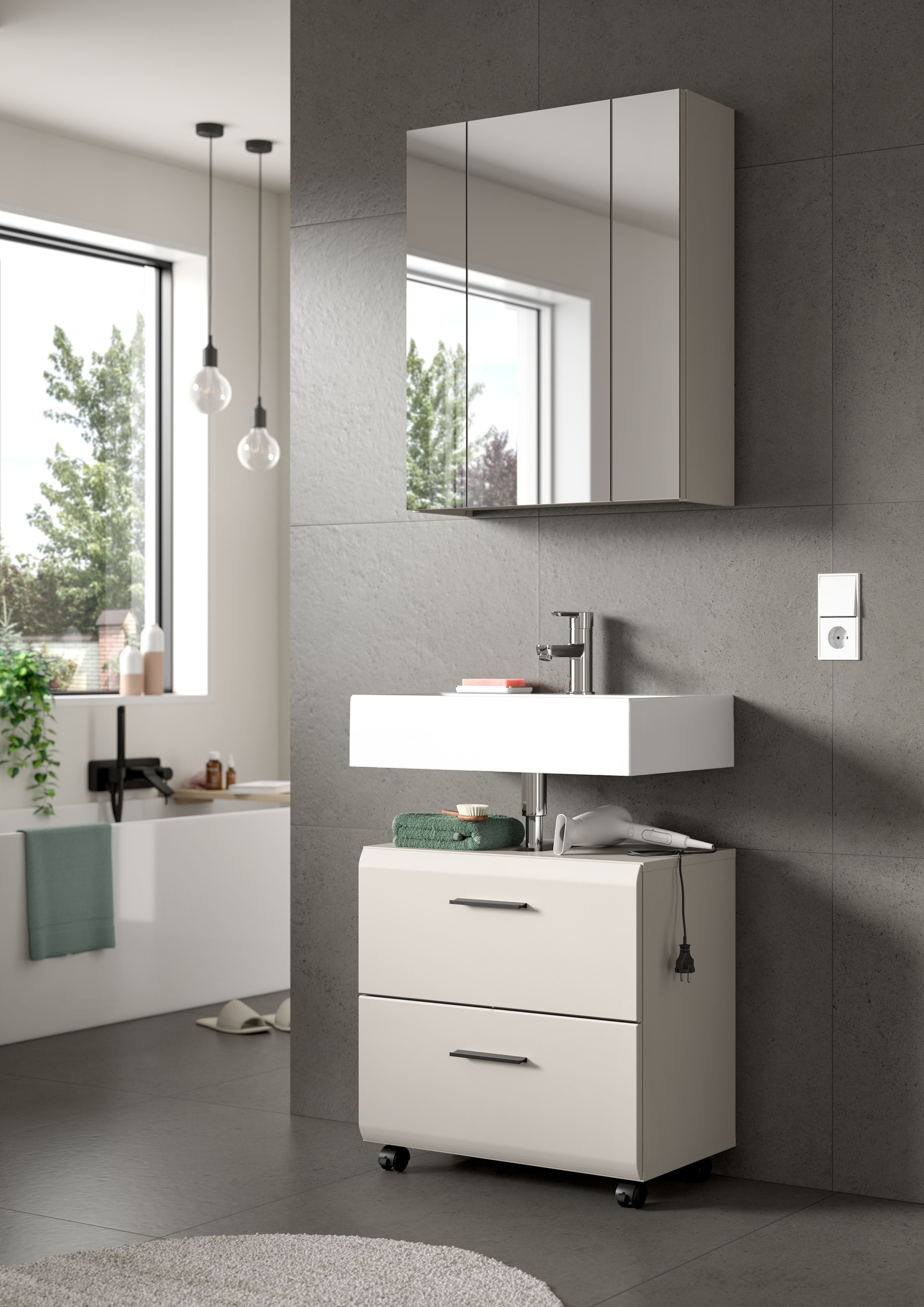 welltime Badmöbel-Set »FLORENZ, 2-tlg. Bad-Kombination, hochwertige MDF-Front« best. aus: 1 Spiegelschrank, 1 Waschbeckenunterschrank, 3 Stk. tlg.
